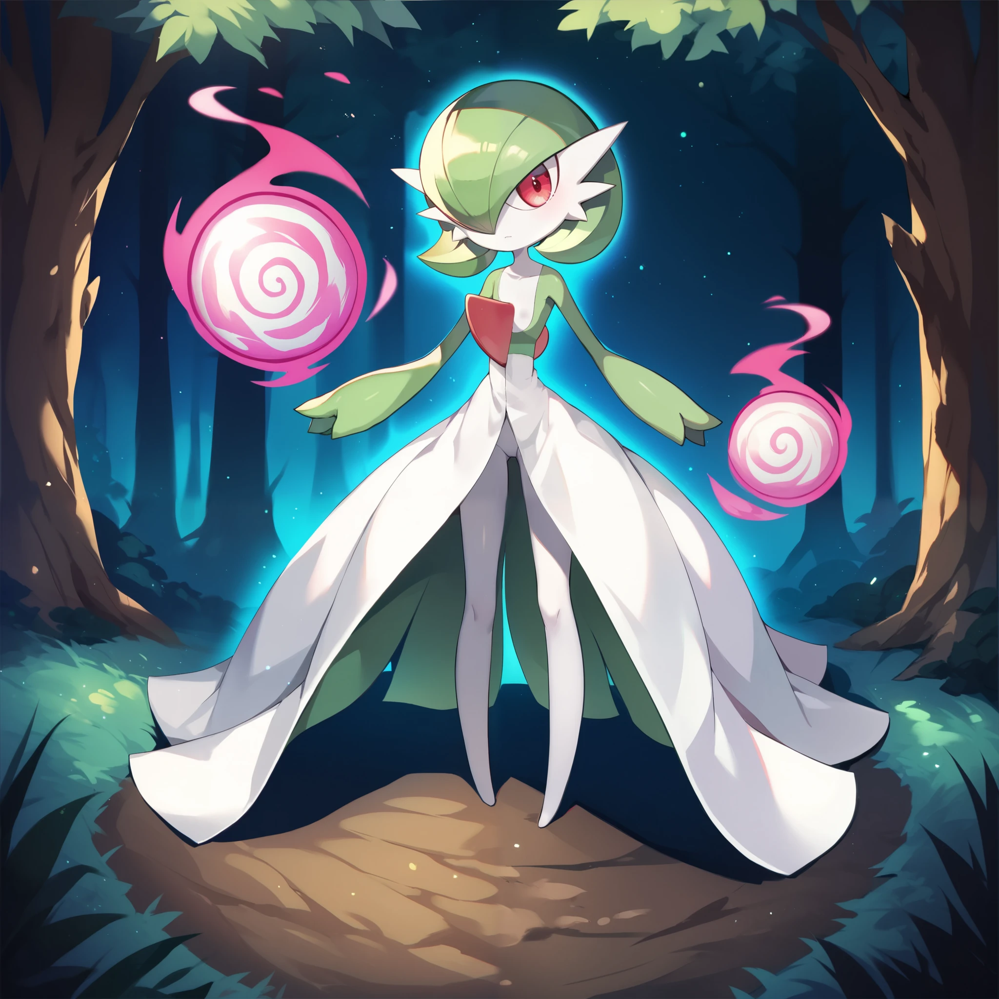 1girl, solo, gardevoir, green_hair, green_skin, hair_over_one_eye, flat chest, serious, cute, standing, full body, psychedelic, psychic aura, aura, looking at viewer, forest background, from the front view