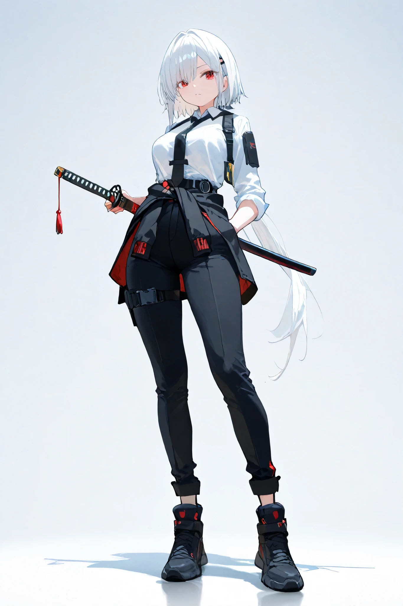 high quality, 8K Ultra HD,female, short white hair, cool red eyes, anime, female, medium sized breasts, thighs, slim figure, white shirt, black tie, short black techwear jacket with red on the inside, techwear outfit, black pants, asymmetrical straps, straps, cool dynamic pose, cool futuristic katana around the waist on the back, full body, simple background