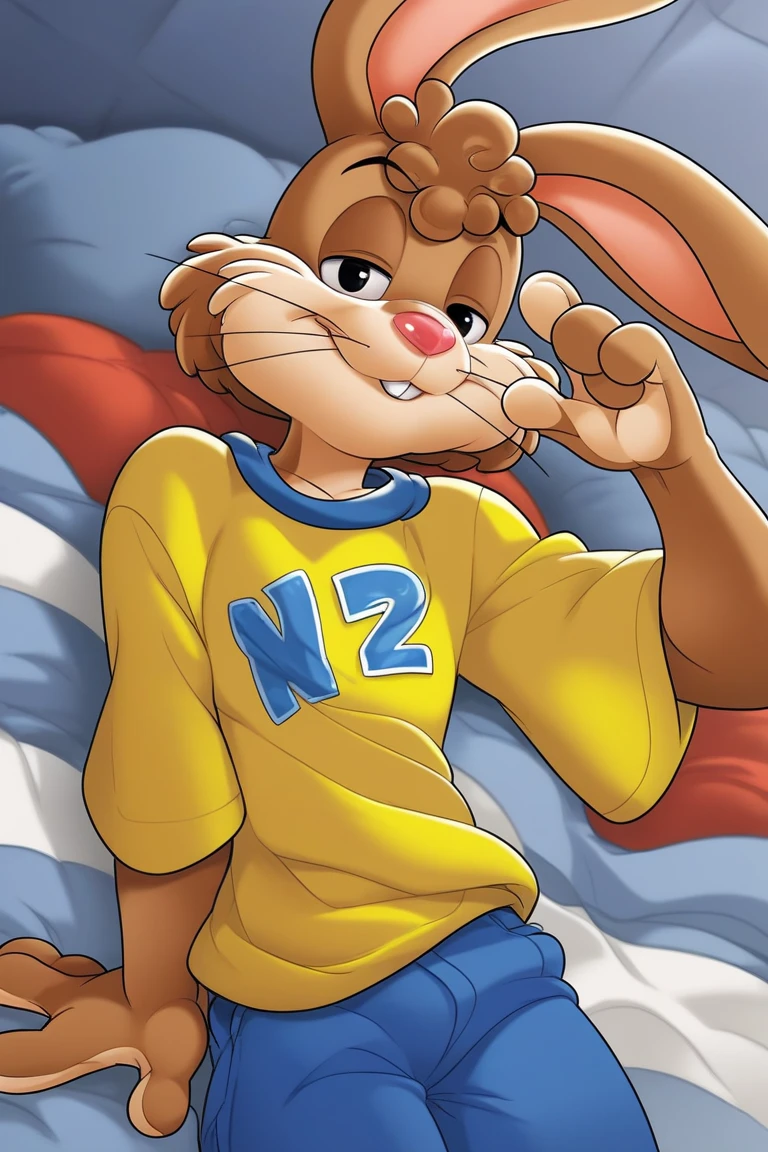 masterpiece, best quality, 8k, quicky,4 fingers,brown fur, blue pants, yellow t-shirt, bedroom eyes, standing, young adult, puffy hair, tall, cute version of quicky, cute rabbit hair, furry, rabbit, male, eyeshadow, slim,solo,looking_at_viewer, bed‚ sleeping