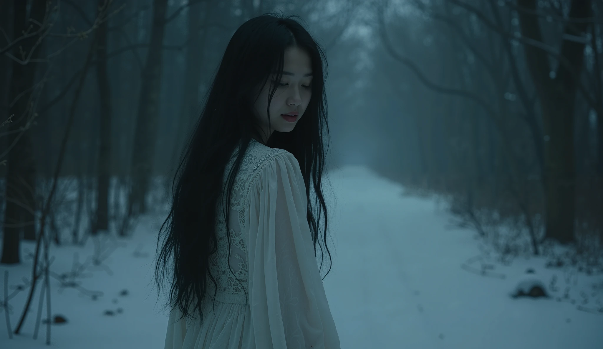 Arafed woman in white dress standing in snowy forest - SeaArt AI