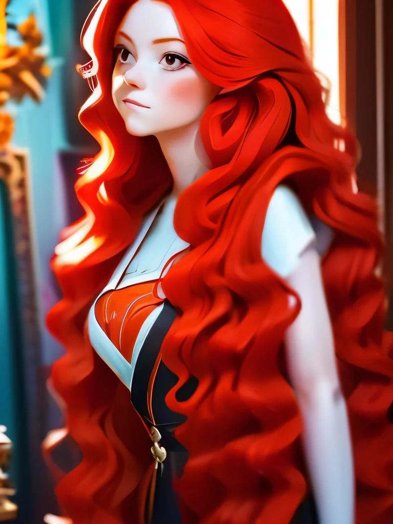 there is a woman with Red hair and a necklace on, dyed red hair, with Red hair, she has Red hair, crimson Red hair and red eyes, pelo bright red, pale red, Red hair, with long Red hair, red wig, with curly Red hair, bright Red hair, bright red, crimson crimson red hair, she has long orange hair