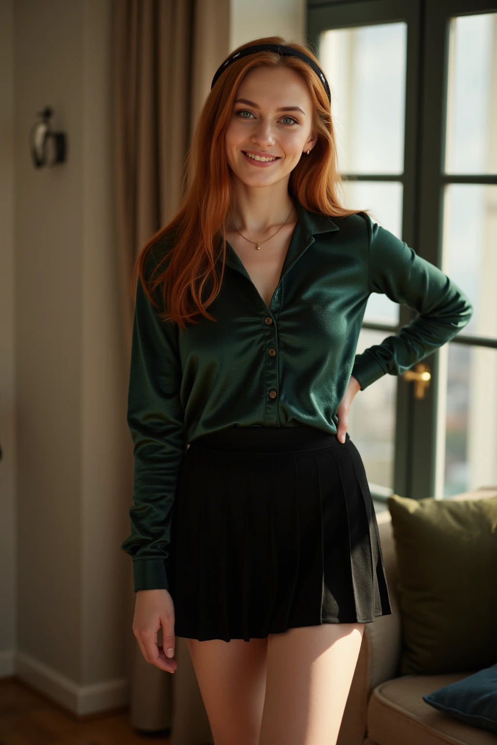 (Photo/medium)/, ((Best resolution:1.4)), ((high quality:1.2)), (Work of art), 8k, extremely detailed, ((High detail:1.2)), Solo, HotLexi irish red-haired female, (shirt, skirt), (perfect hot body:1.25), (square-shaped defined pretty face:1.35),