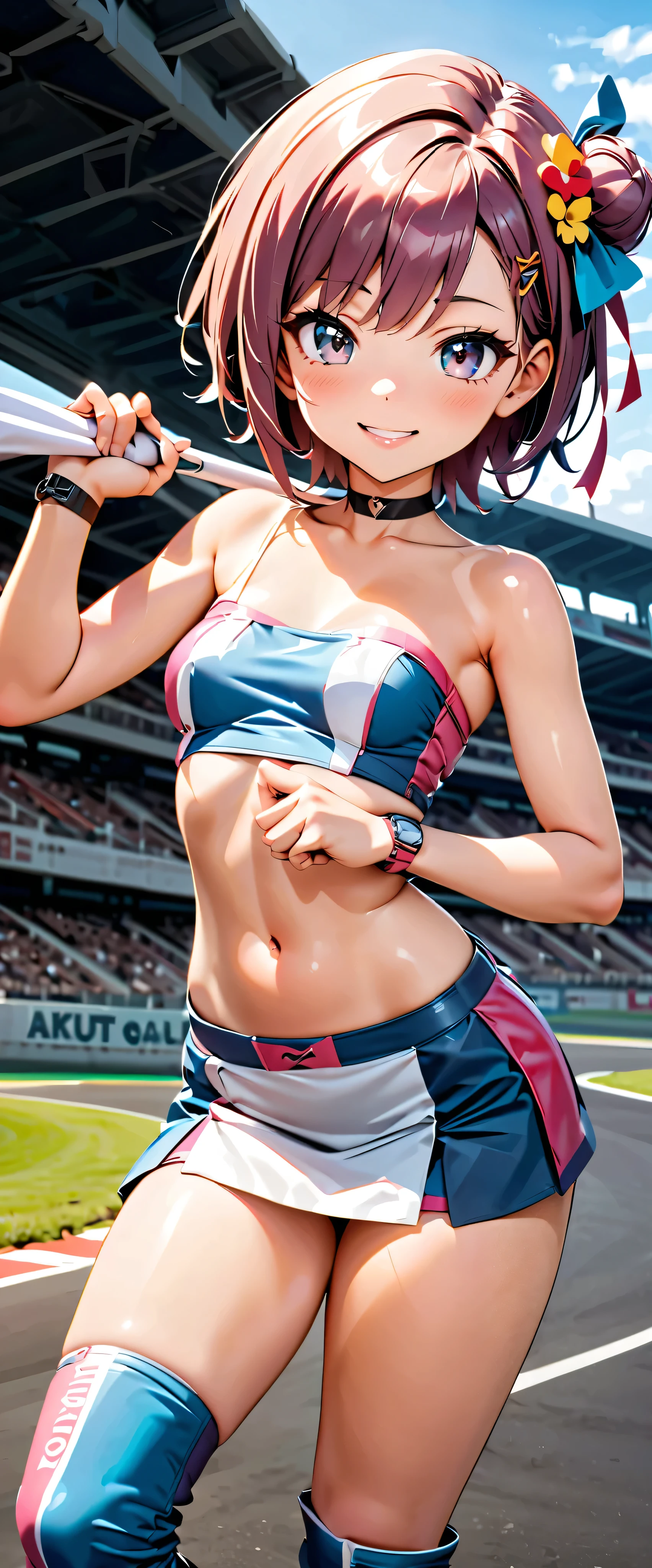 top quality, ultra high resolution, One person, Tiny Breasts , Black Choker, smile, exposes shoulders, focus only , Watch Viewers,Fair skin,Car racing track, photon mapping to viewers, physics-based rendering , RAW photos , Highly Detailed Background, K-pop Idol , depth of field, hair ornament, detailed face,輝く肌, game cg,whole body, shiny micro tight miniskirt,shiny micro tube top,shiny knee-high long boots, Race Queen, Sexy Poses ,holding a flag,Gloss Lip,Mizuki