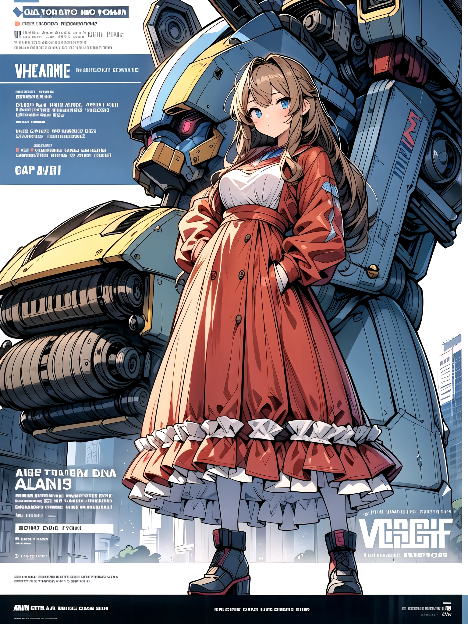 There is a woman in a dress standing in front of a giant robot, Don Mights, Sofia Vergara portrait, Promotional Art , Attractive brown-haired woman , Retro Punk, The protagonist in the foreground, Inspired by Louis Paul, mechanic, Anime Visuals of Young Women , Compute Shaders, inspired by Donato Giancola , youtube thumbnail , Chrome Art