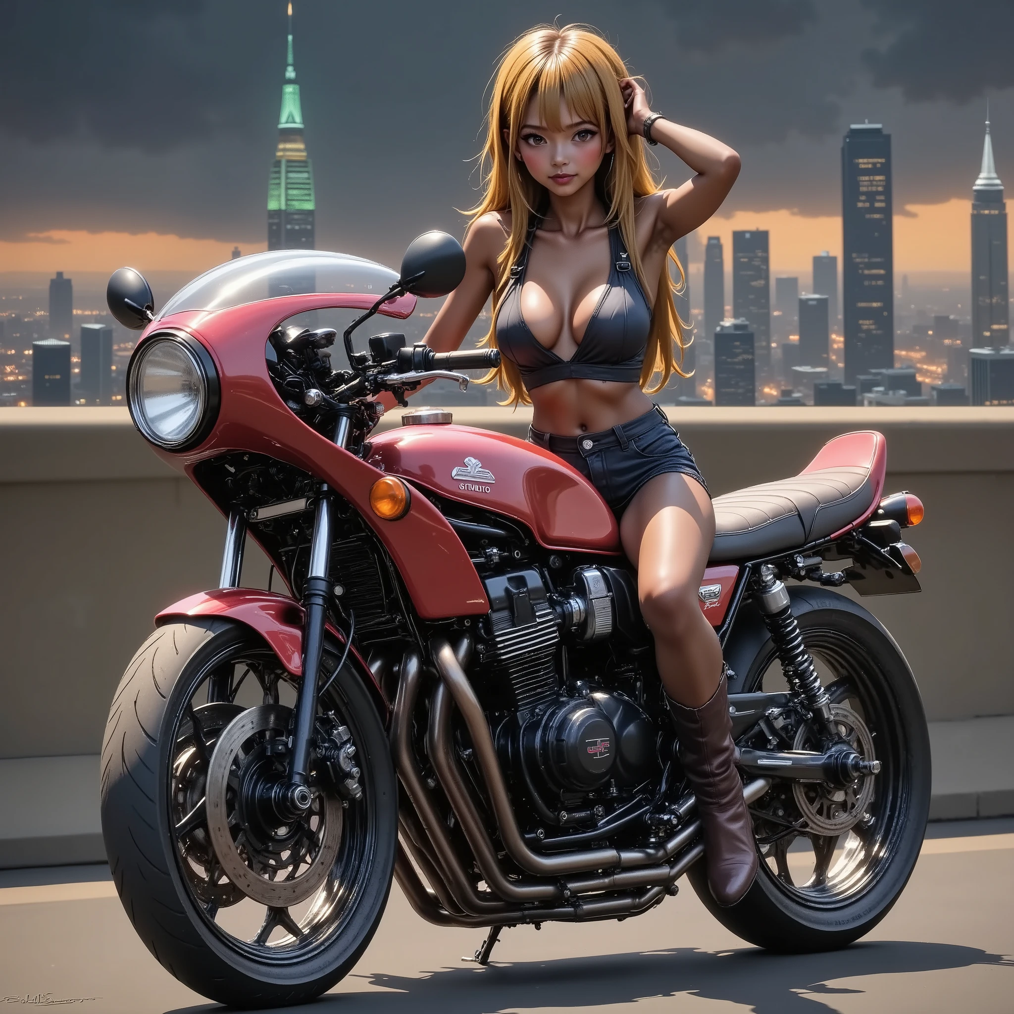 A beautiful woman riding a motorcycle 　+  Honda CBX400F tuned by a cafe racer　+  matte brown skin  　+  rocket cowl  　、  top quality,   Masterpiece,  anatomically correct,  top quality,  Textured Skin ,  Movie Light Effects , 