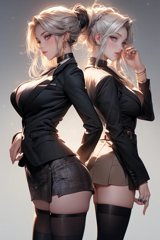 Sexy Woman with ,golden curly hair,Blue eyes,white fox ears,wear black office suit