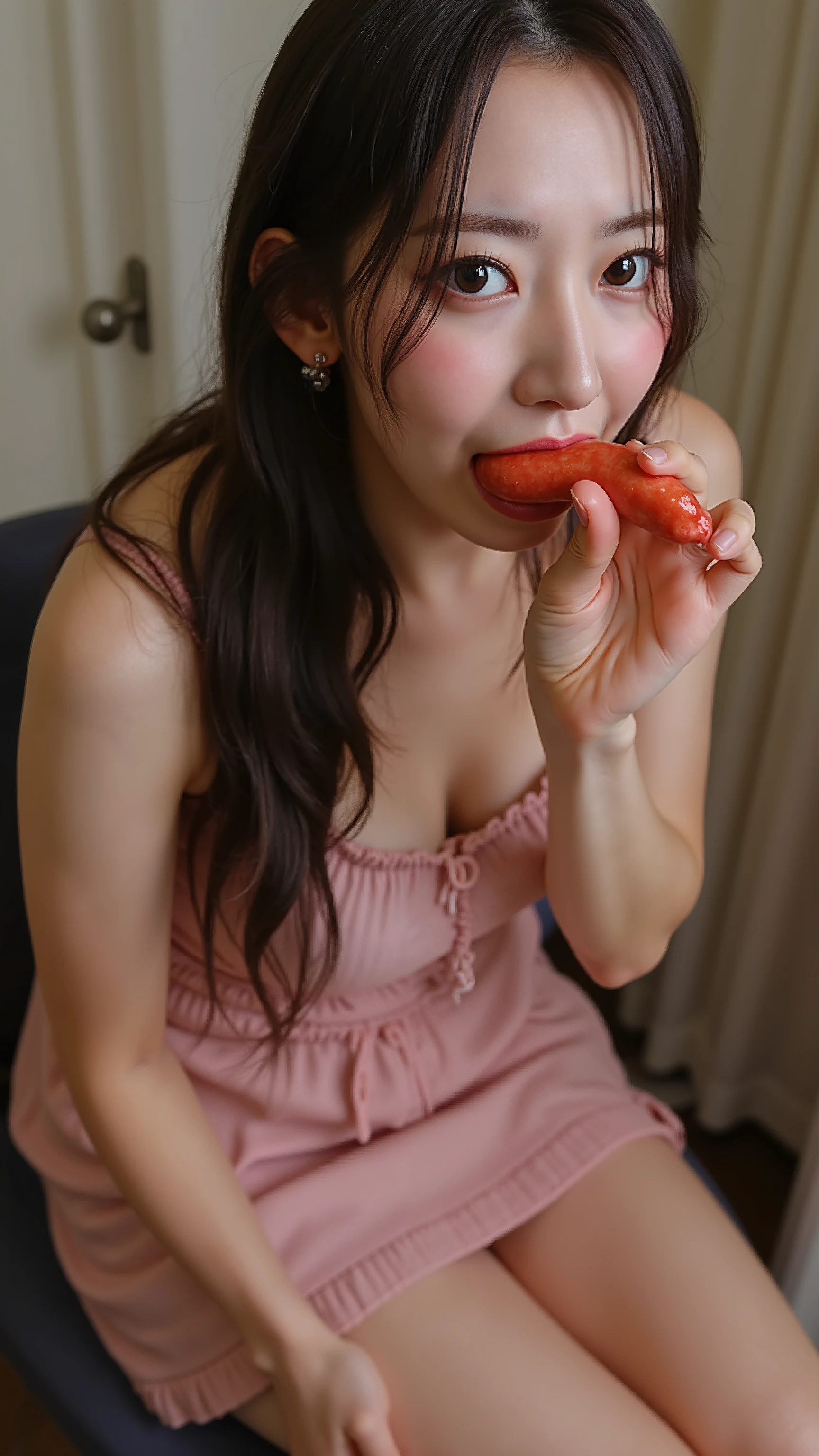  A high resolution photograph of a Japanese woman in mini dress with long hair sitting a stool. She thrusts a thick sausage in hand deep into mouth and pretend a blowjob to the sausage. The sausage is inserted deep into her throat. She looks at the viewer with a painful expression, intricate details, best quality, 8k.