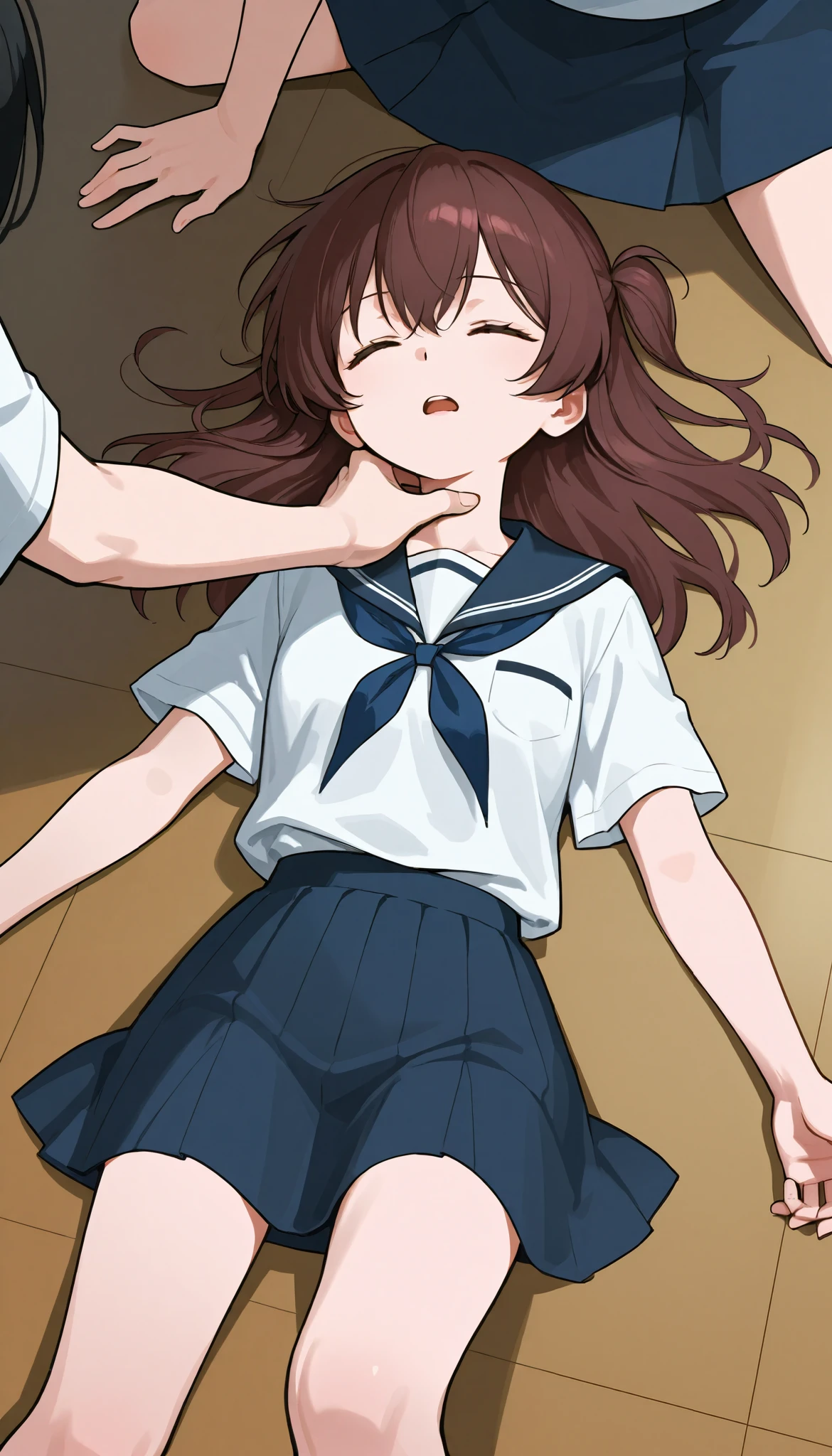 an unconscious girl . IN SCHOOL UNIFORM, is lying on the floor , closed eyes, open mouth , Language slightly . her shirt was down , She can see , someone else's hand checks the pulse . the guy put two fingers to the girl's neck