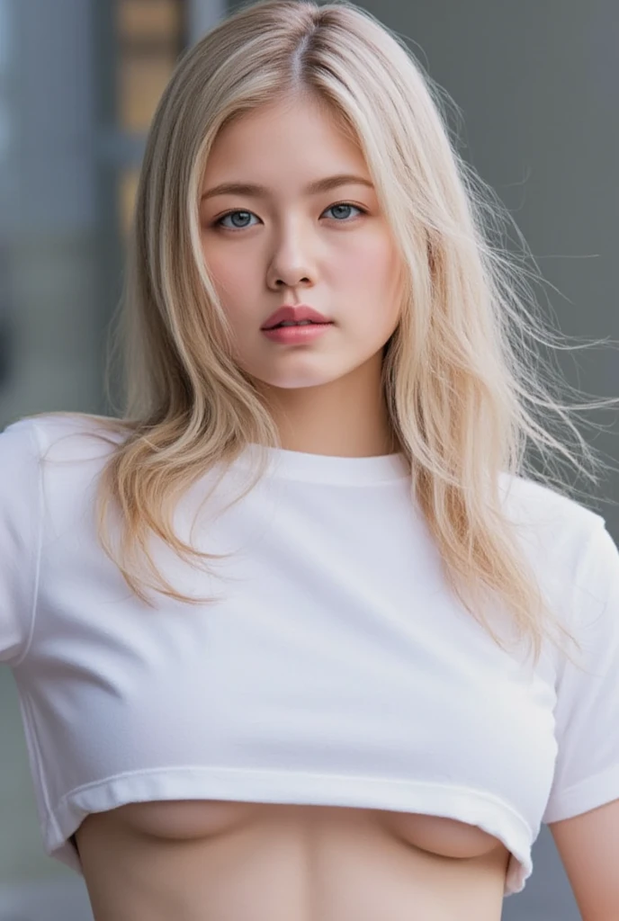 dressed, (photo realistic:1.4), (hyper realistic:1.4), (realistic:1.3), (smoother lighting:1.05), (increase cinematic lighting quality:0.9), 32K, 1girl,20yo girl,172 cm tall, chest size 34D,  ((long white hair)) ,realistic lighting, backlighting, light on face, ray trace, (brightening light:1.2), (Increase quality:1.4), (best quality real texture skin:1.4), finely detailed eyes, finely detailed face, finely quality gray eyes, (tired and sleepy and satisfied:0.0), face closeup, t-shirts, (Increase body line mood:1.1), (Increase skin texture beauty:1.1)