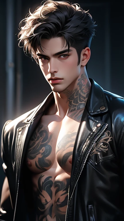 (best quality,4k,8k,highres,masterpiece:1.2),ultra-detailed,realistic,professional,(portraits,concept artists),vivid colors,sharp focus,HDR,studio lighting,(black hair:1.1),(black eyes:1.1), a man, muscualr,strong body,trained, ((wearing half sleeve tattoo)),