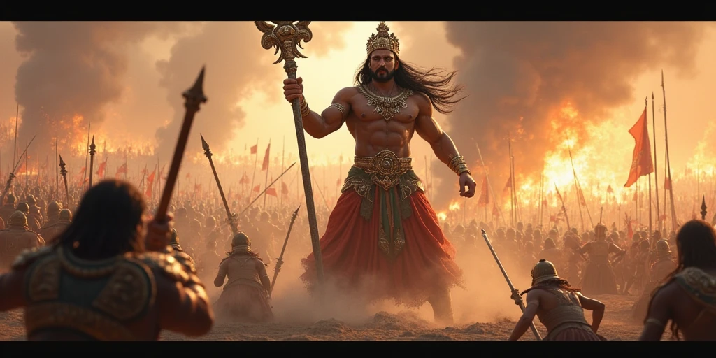 KING RAVANA IS IN A battle and he have a young son he is behind him and his younger son is helping kill the soldiers