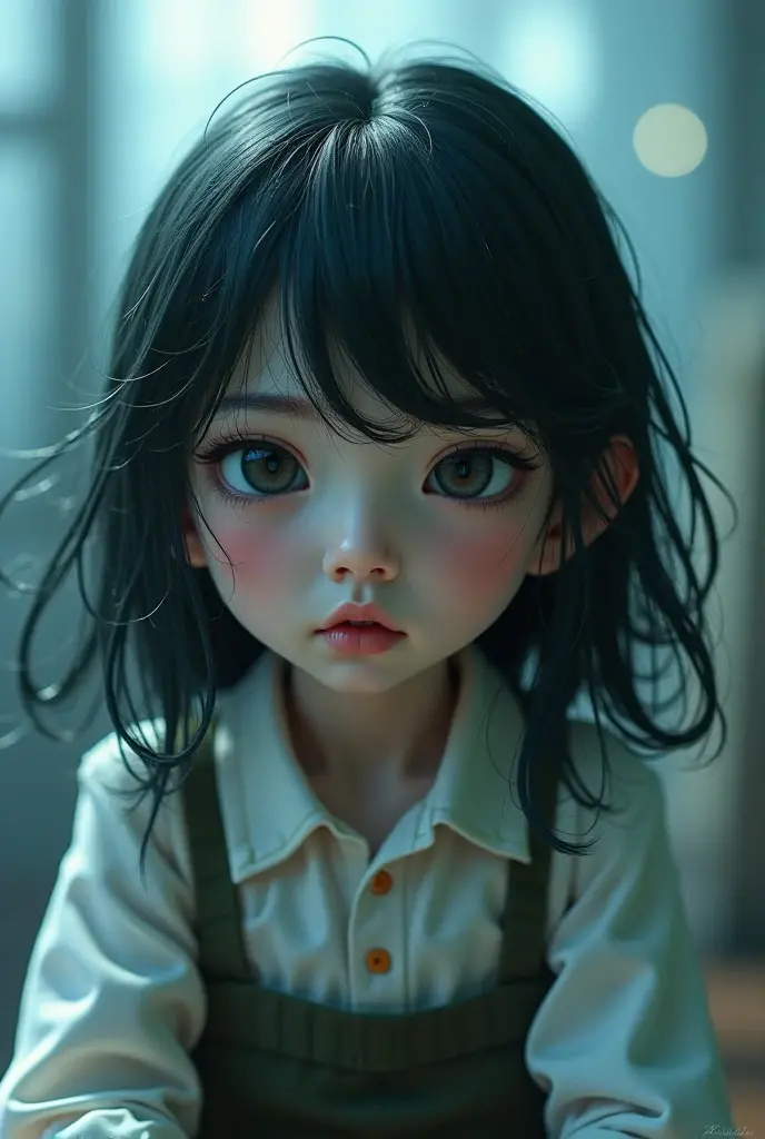 serious child face, blue eyes, big eyes, scared, sunlight in the background, blurred background --auto --s2