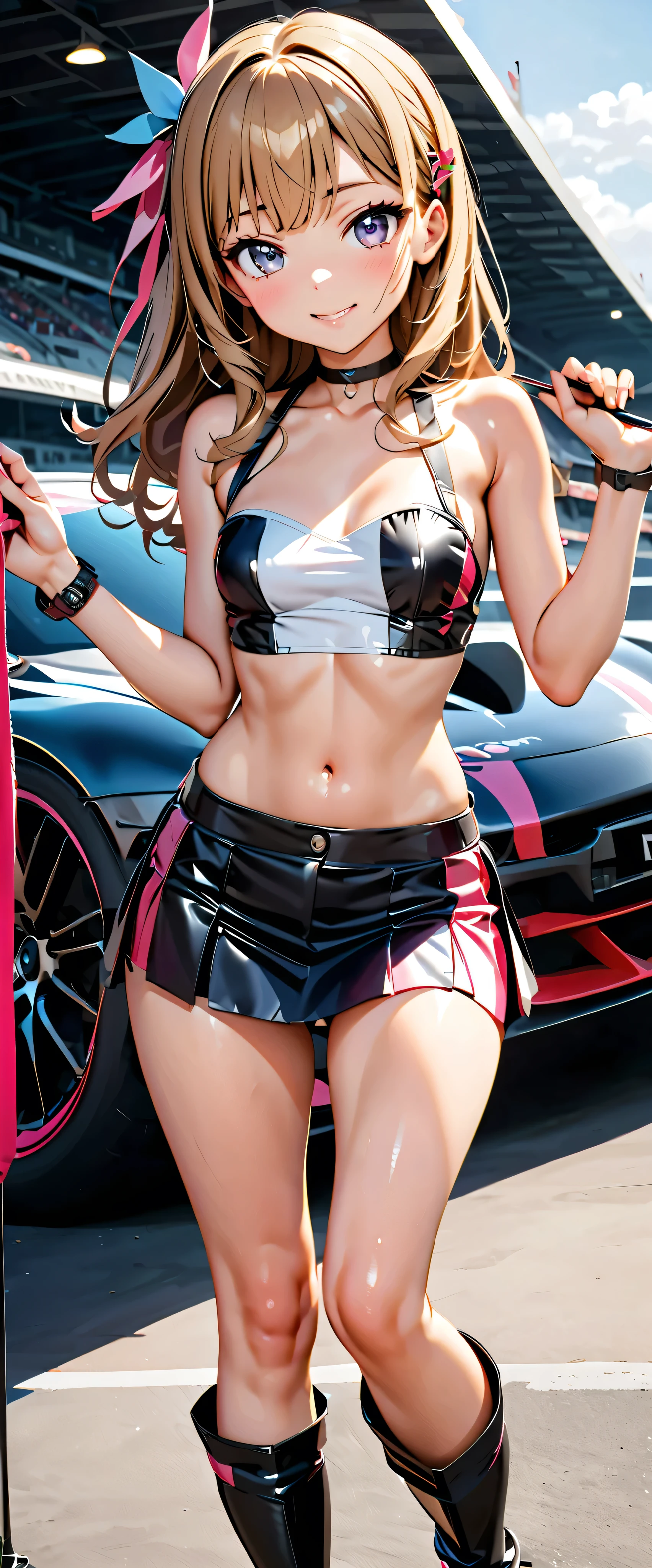  top quality,  ultra high resolution,  One person,   small breasts,  Black Choker, smile,  exposes shoulders,  focus only ,  Watch Viewers,Fair skin,Car racing track, photon mapping to viewers,  physics-based rendering ,  RAW photos ,  Highly Detailed Background, K-pop Idol , depth of field, hair ornament, detailed face,輝く肌, game cg,whole body, shiny micro tight miniskirt,shiny micro tube top, Shiny Long Boots , Race Queen, Sexy Poses ,holding a flag,Gloss Lip