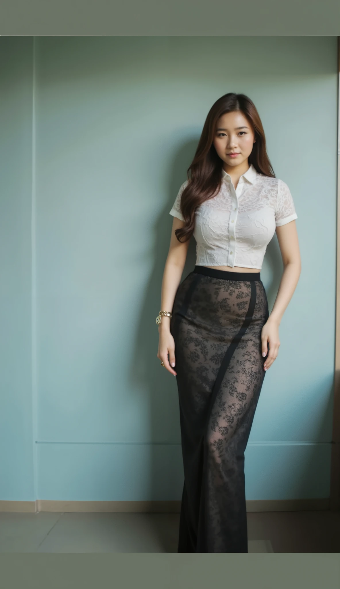 High Resolution, Super Detailed, High Details, Best Quality, Textured Skin, UHD, realistic lace shirt texture, realistic lace shirt skin, detailed lace shirt tsxture, perfect body, perfect breasts, round breasts, small waist, round hips, hourglass body, realistic body texture, detailed body texture enhance, enhance realistic, round ass, long skirt, detailed legs, detailed foots, detailed toes, realistic foot texture, realistic toes