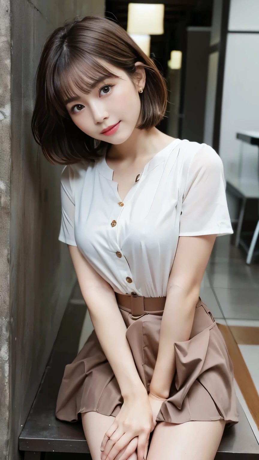 [super high quality,Masterpiece,high resolution],((日本people,woman,１people,超美people,Smile a little)),(Short Hair,Light brown hair color,Hair disheveled by strong winds),(seven-headed body,Model Body Type,Small Butt,Beautiful Eyes,Beautiful Skin,Dark brown eyes),He is wearing a light green, revealing short-sleeved shirt made of chiffon.,She is wearing an orange mini-length flared skirt.,The background is a log house surrounded by forest.,The setting sun shines in,A skirt with its hem fluttering in the strong wind