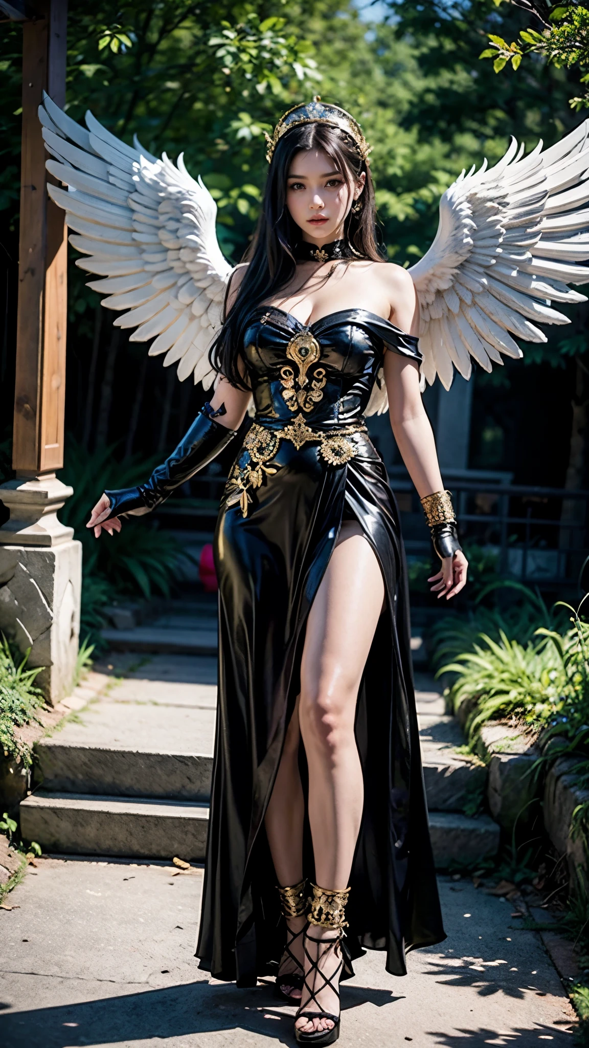 (best quality,8k:1.2,high resolution:1.2),ultra-detalhado,Realistic,vintage godess female,long black straight hair,rosto extremamente detalhado,long eyelashes,big white angel wings,soft blue and green dress with gold details,suntan pantyhose,metalic accessories,Physically-based rendering,sharp focus,white neutral background