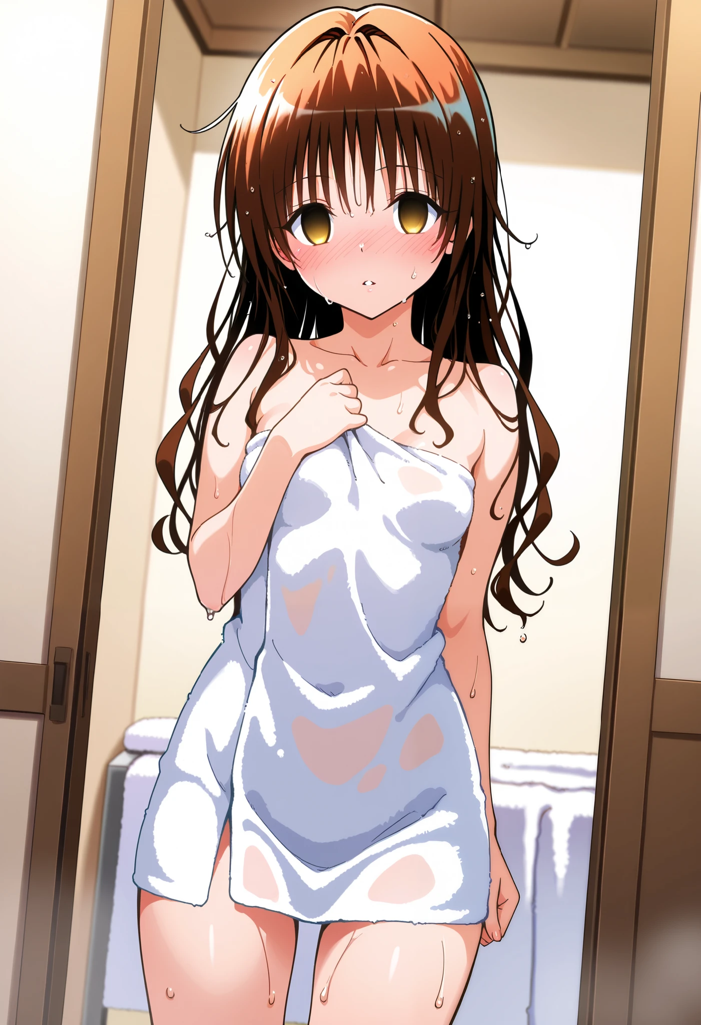 best quality , Yuki Mikan To Love Ru 、 tea hair、 yellow eyes、empty eyes, hair down 、 long hair、lovely small Breasts、 brainwashed facial expression, parted lips, looking at viewer, nose blush, blush, naked towel, wet hair, wet skin, White bedroom、 standing, weakly. Dutch angle.
