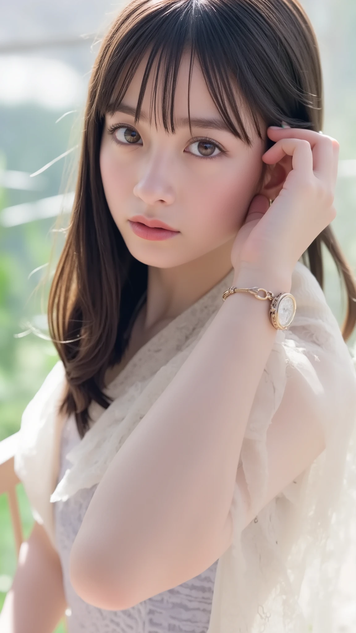 Extremely detailed depiction of Hashimoto Kanna , The Pale , The Graceful Character , Gives Her An Angelic Look . For Her Expressive Eyes 、 full of innocence and wonder that enhances softness , add purity and tenderness to her expression . She wears only sexy underwear、Highlights the chest , Her Aesthetics , Her expression is gentle and slightly melancholic , Quiet, Introspective mood, Background Softly Surrounding Her Delicate Face , 。 cool colors 、穏やかでQuiet雰囲気を醸し出しています , Due to 、 Her delicate features and gentle gaze stand out .