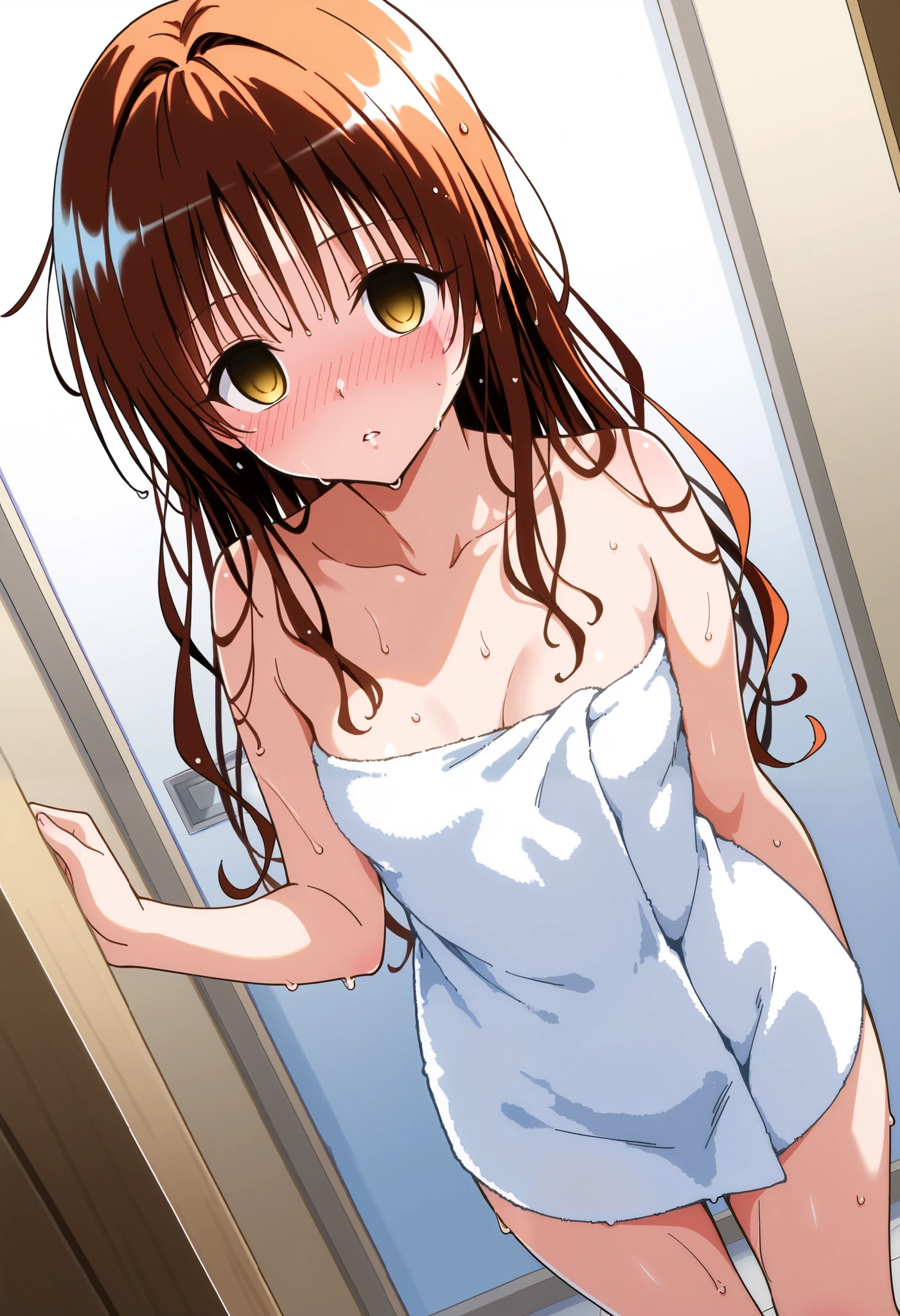 best quality , Yuki Mikan To Love Ru 、 tea hair、 yellow eyes、empty eyes, hair down 、 long hair、lovely small Breasts、 brainwashed facial expression, parted lips, looking at viewer, nose blush, blush, naked towel, wet hair, wet skin, White bedroom、 standing, weakly. Dutch angle.
