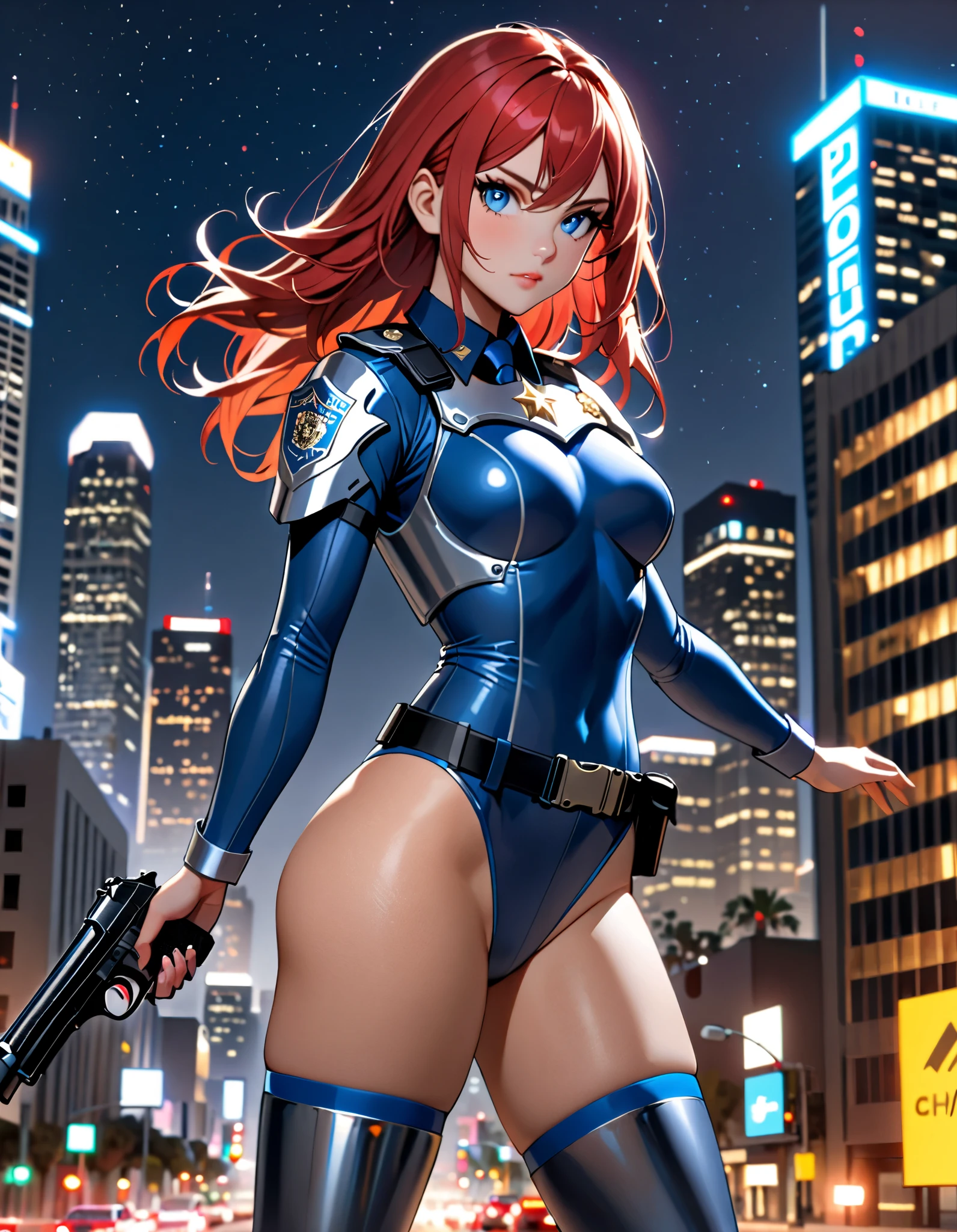 best quality, masterpiece, highres, solo, solo focus, 1lady, semi-realistic, dynamic heroic pose, standing straight, red hair, hazel eyes, beautiful detailed eyes, beautiful detailed face, perfect hands, complete fingers, sexy Los Angeles police officer, (dressed in a blue and red leotard), city backdrop, neon edge lighting, highly detailed, professional, bare legs, matching boots, ankle-high boots, full body shot, hands on hip, medium hair, hair down, nighttime, full body costume design.