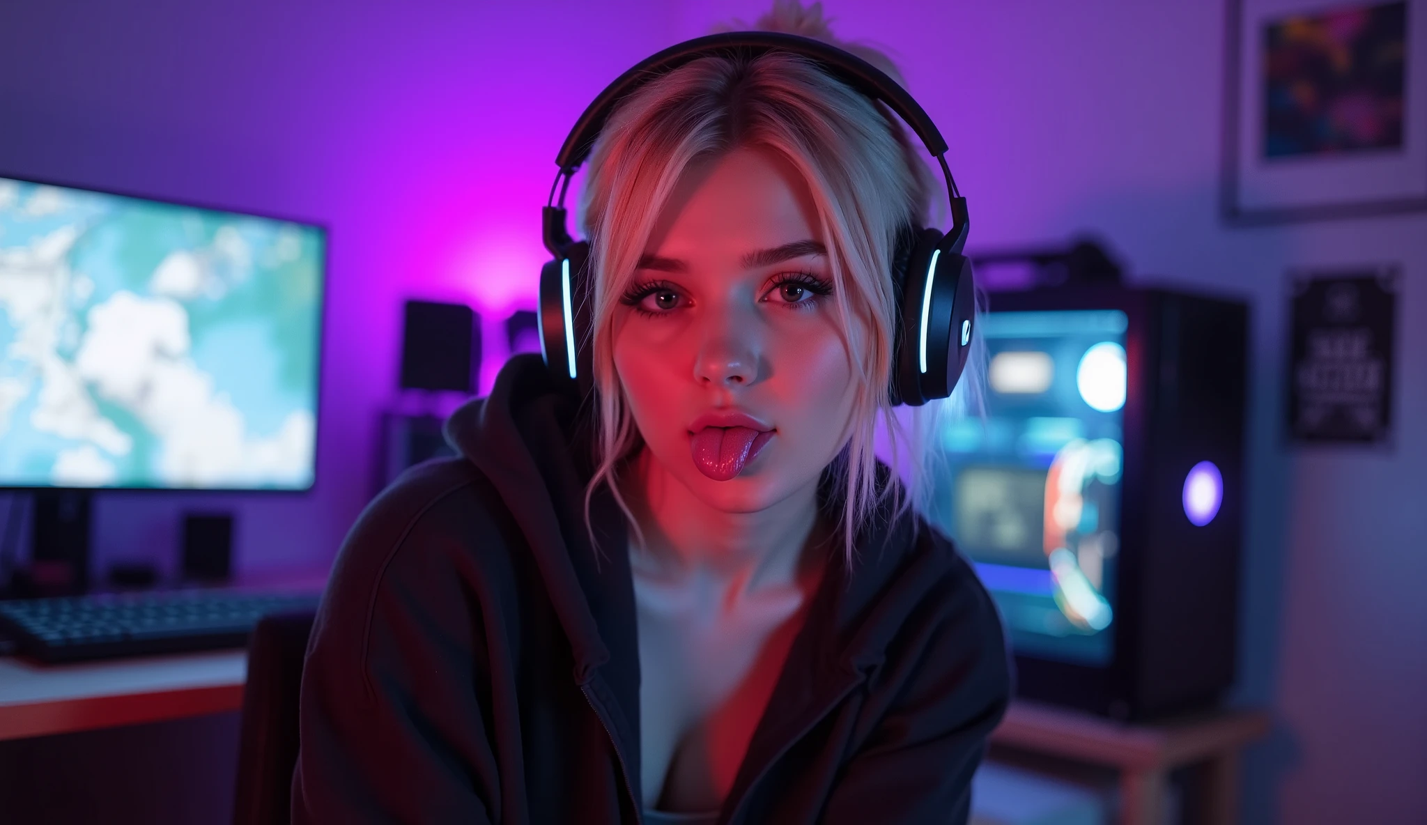 Light blond short haired 、Gaming PC , broadcaster、 beautiful collarbone 、 is wearing a hoodie、 stick out your tongue、Stick your tongue out、光るヘッドフォンをしているBeauty、The best photos for TikTok、Beauty、 dynamic angle、ヘッドフォンをしているBeauty、 streaming room