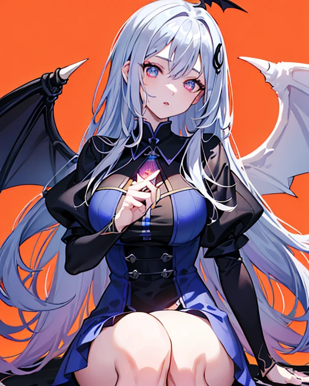 (((red))) (((Gray Hair Long hair on the shoulders blue eyes woman Large Breasts smile))),((Give a hand My own big wings)),(Wearing a hood Black camisole Purple light Cute pose), Shining Background Shining Edges