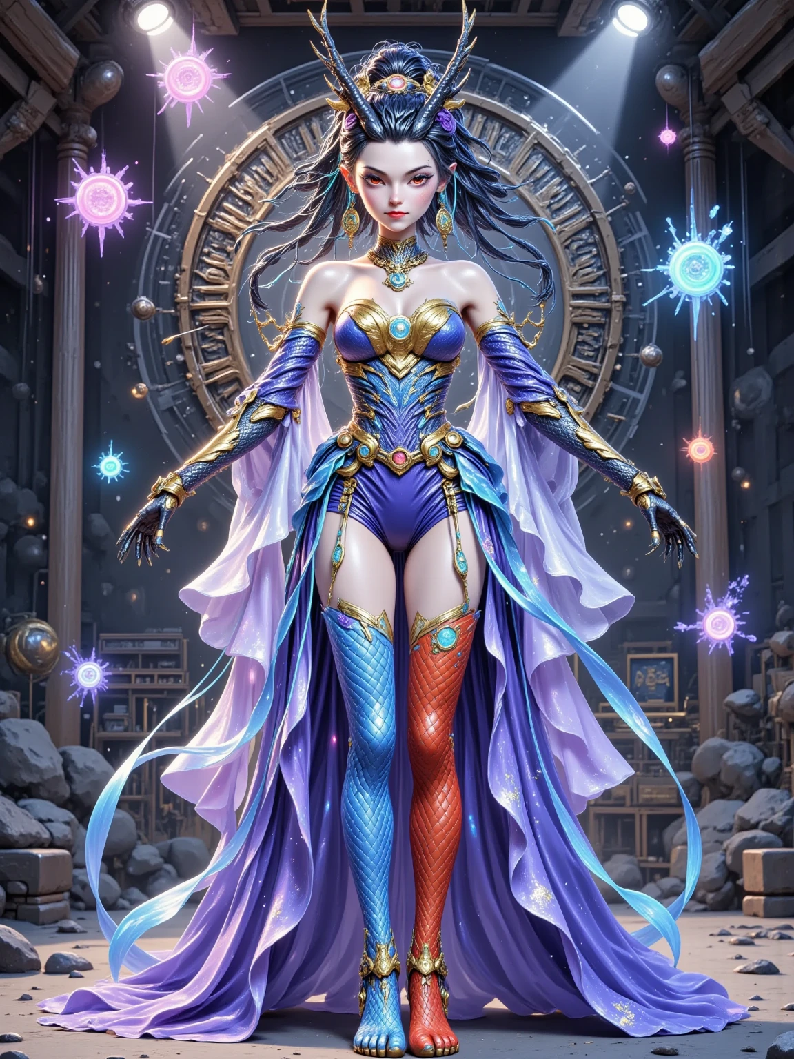 top quality, future world, State-of-the-art robot, Beautiful Woman, flying hair, (Transformed into a cyborg except for the face), sexy images, whole body photo, ((Queen, crown, robe)),