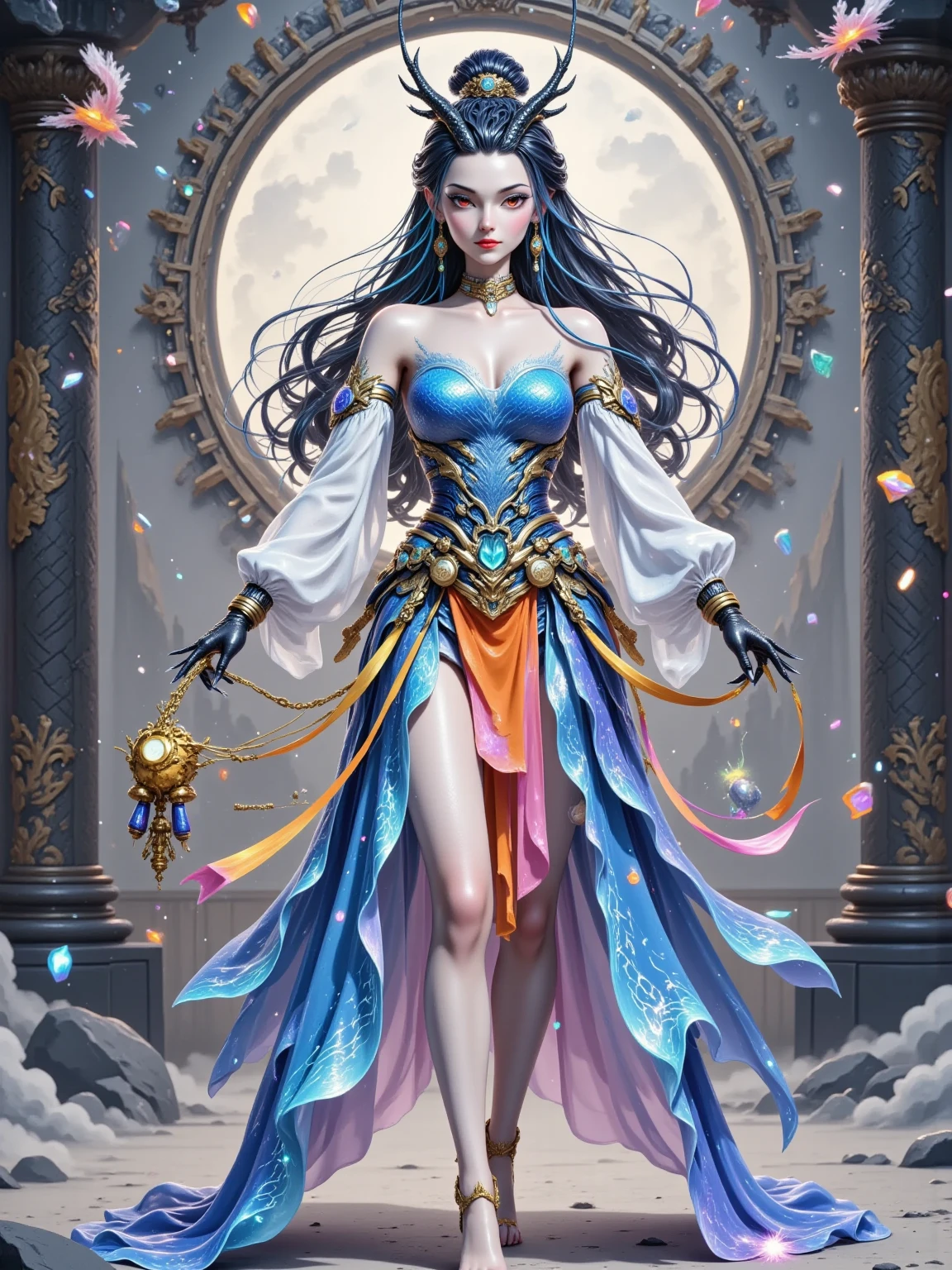 8K resolution, masterpiece, Highest quality, Award-winning works, unrealistic, One Thousand and One Nights, From above, erotic, sole lady, healthy shaped body, Anatomically accurate skeleton, 22 years old, dancer, 170cm tall, huge firm bouncing busts,, white silver long wavy hair, Detailed facial depictions, Break, Mysterious blue eyes, Standard nose, Eyeliner, pink lips, long legs, Transparent and shiny skin, Arabian Dancer, Gothic ruffle long silk dress, A dress with a complex structure, Seven-colored colorful dress, Clothed in flames, royal coat of arms, elegant, Very detailed, Delicate depiction of hair, miniature painting, Digital Painting, artステーションコンセプトart, Smooth, Sharp focus, shape, artジャム、Greg Rutkowski、Alphonse Mucha、William Adolphe Bouguereau、art:Stephanie Law , Royal Jewel, nature, Symmetric, Greg Rutkowski, Charlie Bowwater, Unreal, Surreal, Dynamic Lighting, ファンタジーart, Complex colors, Buddhist Mandala, Colorful magic circle, flash, dynamic sexy poses, A kind smile, Mysterious Background, Aura, A gentle gaze, BREAK, Small faint lights and flying fireflies, night, lanthanum, royal palace, Starry Sky, milky way, nebula, shooting star, Flowers, birds, wind and moon, (Intense dances, Back view, Looking back towards the camera:1.6), chant healing magic, A pillar of light stretching to the sky, Laser beam, Climb the stairs to heaven prinsess of moon