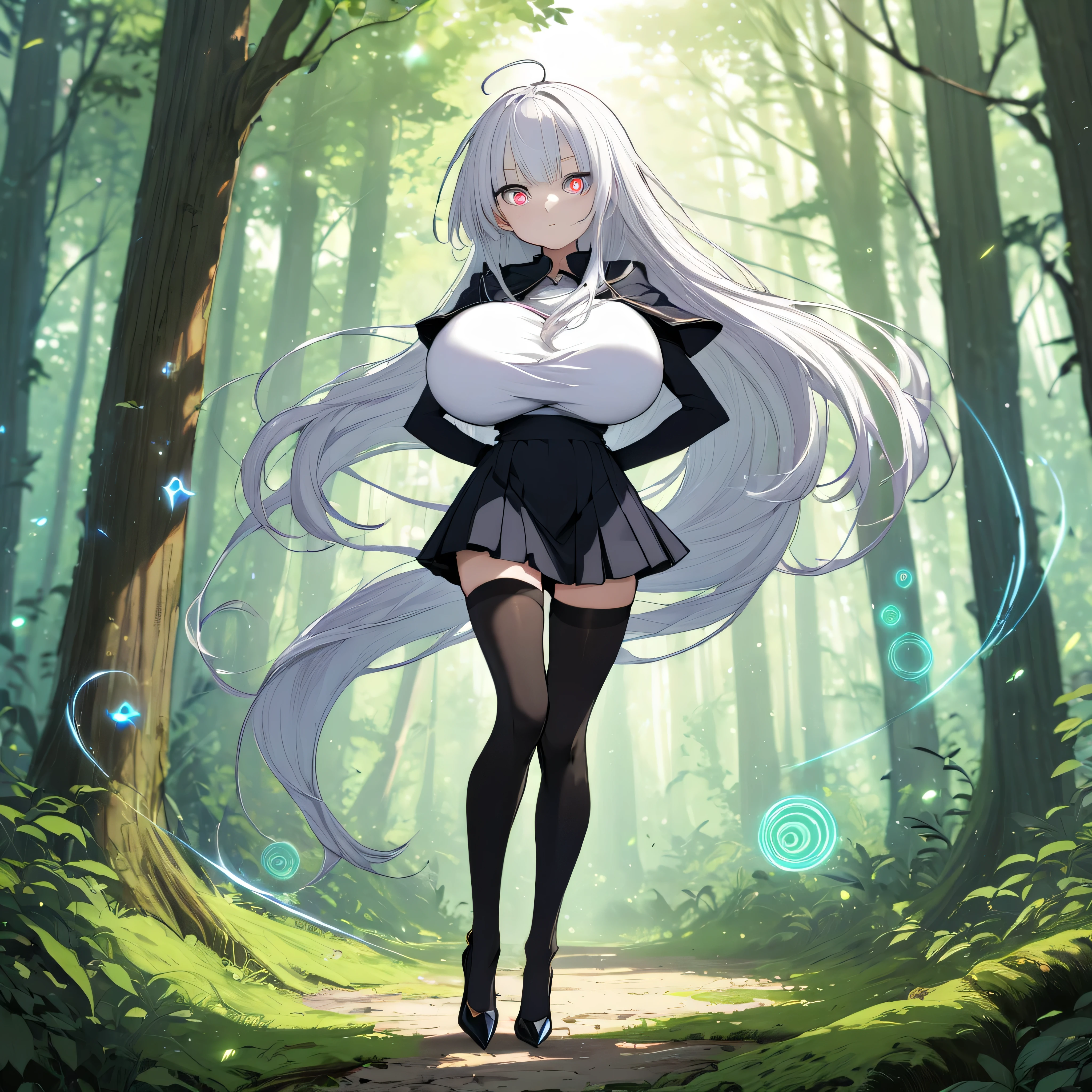 score_9, source_anime, masterpiece, landscape, fantasy, forest, longtorso_v0.63_pony, eyebugs_f, magic circles, BREAK, solo, 1 skinny girl standing, little wizard, (petite girl:1.2), arched back, (arms behind back), (arms down backward), (bouncing huge breasts:1.2), tiptoe, full body, BREAK, looking at viewer, glowing multicolored eyes, glowing eyes, (jitome), BREAK, white straight hair, (white absurdly long hair), blunt bangs, very long sidelocks, BREAK, narrow shoulders, (bursting disproportionately gigantic breasts:1.2), (disproportionately short torso), (too short waist), (too narrow waist), (very small stomach), (skinny hip), (skinny thighs), (skinny legs:1.1), (very long legs), BREAK, flapping black frilled black short capelet, (frilled white shirts with open chest wide:1.2), cleavage, (black too short high-waist skirt:1.2), thigh gap, (black thighhighs), stiletto heels