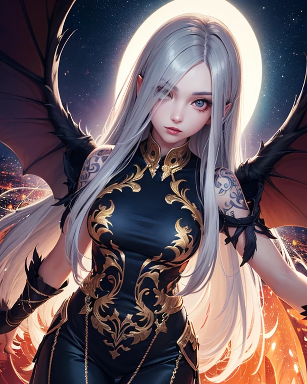 “A highly detailed, dark, and gothic depiction of a powerful female angelic figure with large, majestic wings. She should have long, flowing silver hair and be dressed in ethereal, mystical robes that add an otherworldly quality to her appearance. Her body should be muscular and sinewy, with an intricate, textured design on her skin and wings, reminiscent of organic, wood-like patterns. Her expression should be fierce and commanding. The background should be a hellish scene with raging flames, molten lava, and dark, jagged rocks, creating a dramatic and fiery atmosphere. The overall aesthetic should be monochromatic for the figure, with shades of black and grey, contrasting with the vibrant reds and oranges of the flames.”

Additional Settings:

	•	Style: Gothic, Dark Fantasy, Monochromatic (for the figure)
	•	Lighting: Dramatic, High Contrast
	•	Details: High, Intricate textures
	•	Mood: Fierce, Commanding, Hellish
	•	Composition: Full-body, Female
	•	Hair: Long, flowing silver hair
	•	Clothing: Ethereal, mystical robes
	•	Background: Hellish landscape with flames, molten lava, and dark rocks