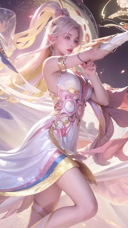 full-length, perfectly structured, anime style, watercolour, (art by studio clamp:1.3), inspired by final fantasy, a stunningly beautiful woman, starlight plated gilded dress, vast field of flowers, lights in the air, thin fluid shapes, sublime, delicate, intricate details, feminine shapes, headroom, done in photoshop, dynamic scene, high detail, high-res, vivid colors, color explosion, composite lighting, soft shadows, good composition, well drawn, crisp, sharp focus, beautiful, splash screen, 2d illustration