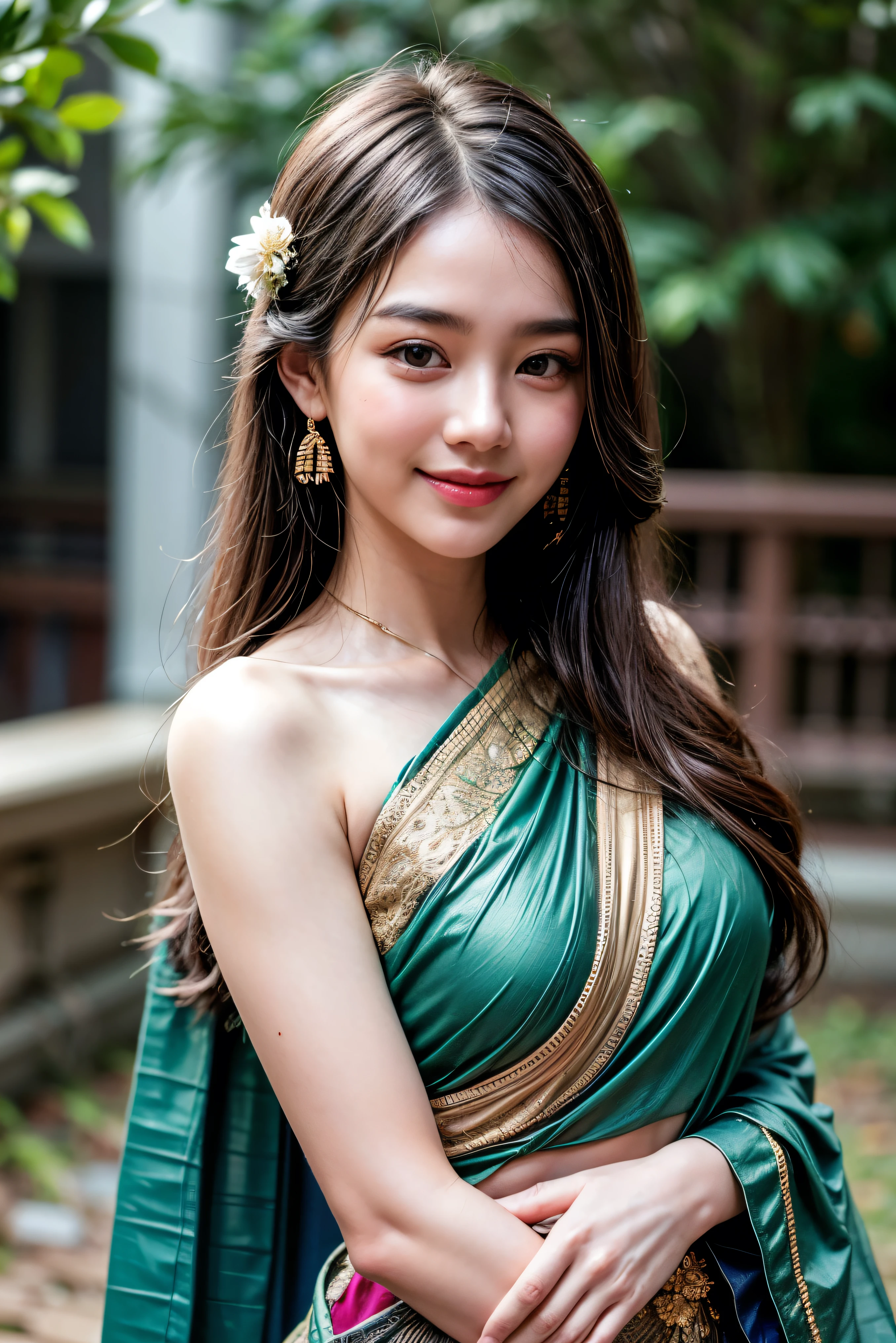 8K, ultra high detailed, an thai girl, cute face, happy, long hair, impressive hairstyle, detailed eyes, detailed lips, thai clothes, saree, green saree, lace, wearing jewellery, nature background, flowers, afternoon, shadow, clear weather, whole body capture, smile