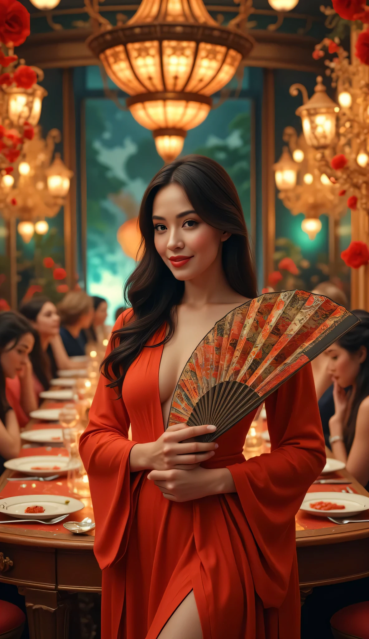 **Prompt:** Create a hyper-realistic wide scenery image of a modern thicc female model elegantly posing in full body, symmetrically balanced within the composition. She holds a large, ornate folding fan, exuding vitality and joy with a warm smile. Dressed in a flowing, realistic long dress that complements her vivacious figure, she stands against an opulent dinner party backdrop. Use central leading lines to enhance depth and draw the viewer's eye into the scene, captured in ultra-high definition. Ensure the textures are rich and lifelike, with a mixed lighting concept that highlights her shiny hair and the intricate details of her hands, showcasing a realistic human anatomy. The overall artistic style should draw inspiration from Far Cry 5 artwork, infused with the colorful and imaginative elements reminiscent of rainbowPunkAi. The image should feel vibrant and inviting, capturing a moment of elegance and sophistication.
