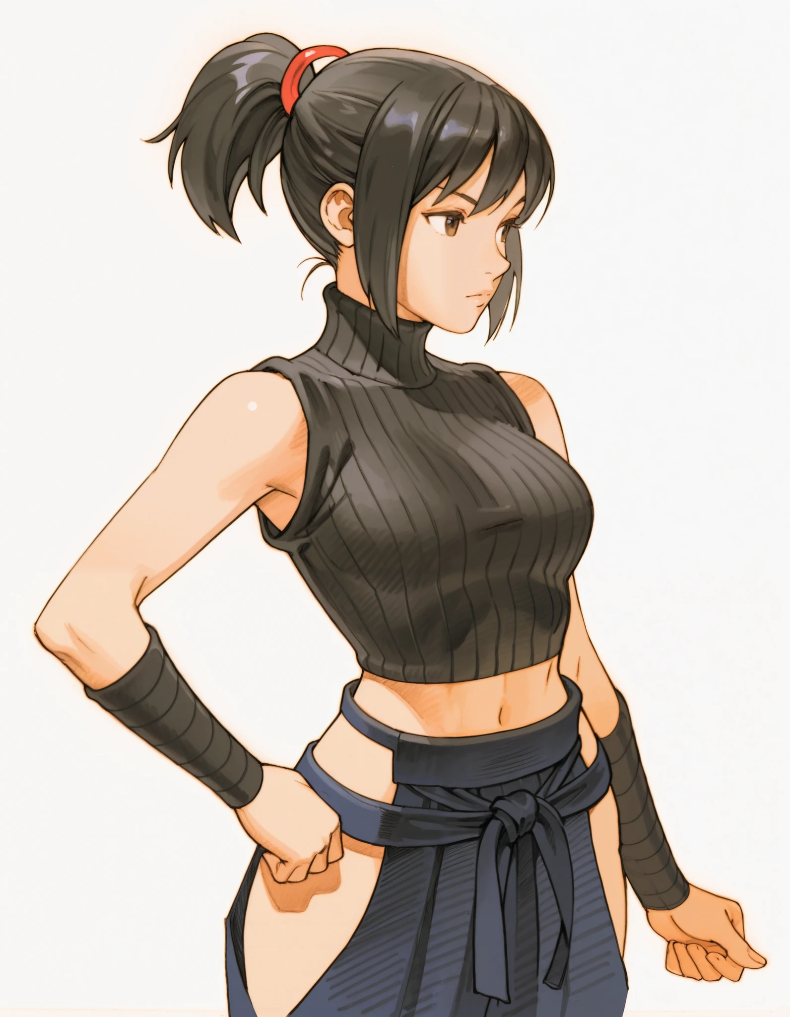Bengmvc, traditional media, masterpiece,best quality, 1girl, (white background, simple background:1.3), black hair, short ponytail, black sweater, sleeveless, bare shoulders, turtleneck, midriff, hakama, hip vent, ninja, hair ornament, standing, cowboy shot,
