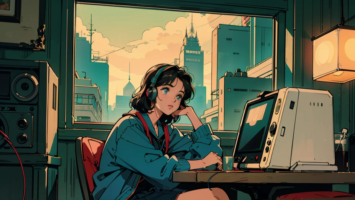 Beautiful redhead Asian girl sitting in a diner at night, Visible from the window, Perfect Face, sunglasses, Smoking white Taylormade cigarettes, Neon Black, (Backlight: 1.1), Hard Shadows, masterpiece, Highest quality, Complex, Model shooting style, Vintage, Film Grain, Incomplete Detail Drive,City Pop,cassette tape,record
