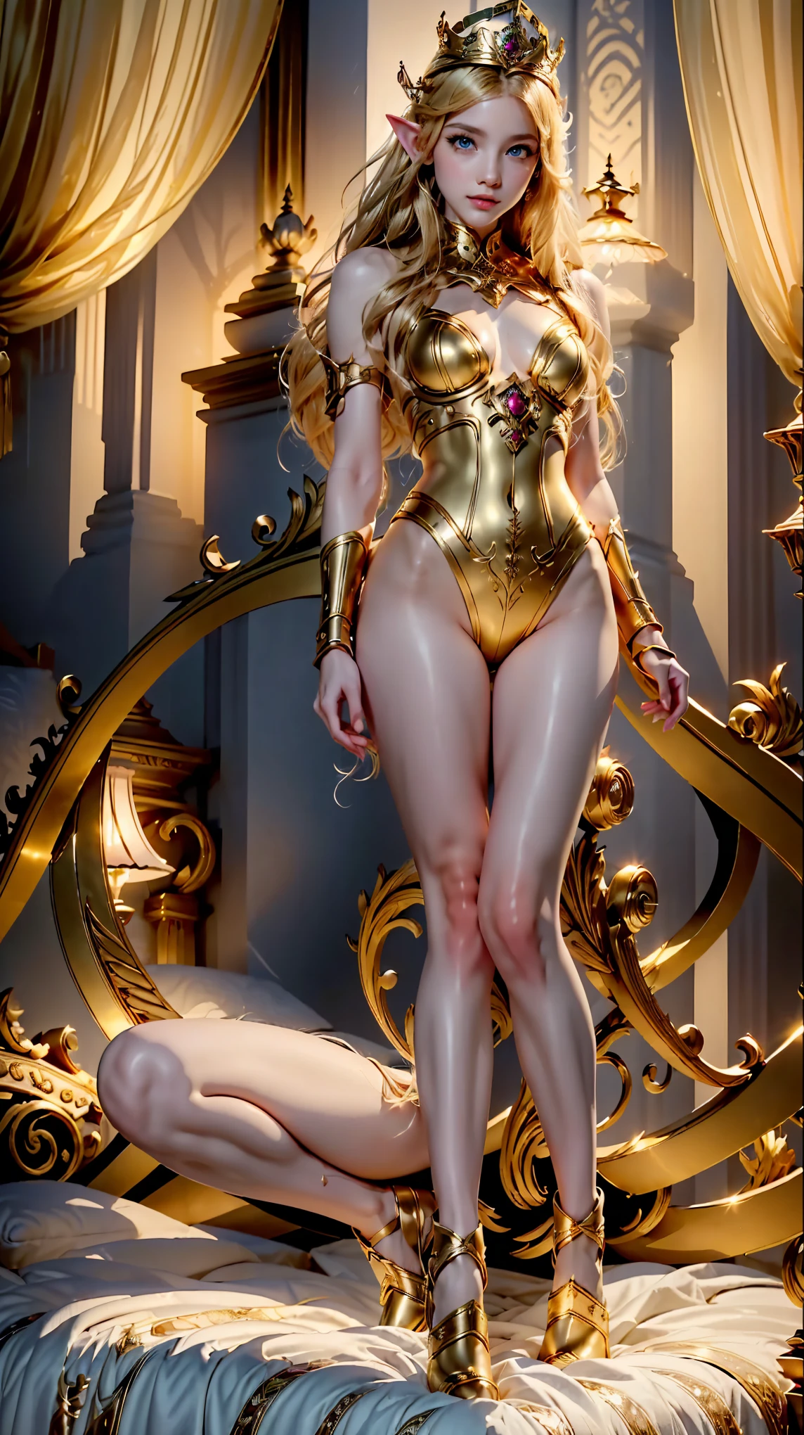 Girl without clothes with small breasts, wet wet blonde with long curly hair, bright green eyes, mysterious expression, very young looking, glamorous interior, A lot of gold, flowing fabrics, elegant gold jewelry, Intricate decorations, Magic symbols, Luminous Accessories, Potions, Scrolls, Lovely Accents, tapes, blooms, black and gold (((completely naked))), long beautiful legs spread apart, narrow hips, skinny waist, in stiletto heels, black stockings, glossy water-shiny skin, drops of water on the face and body, conjures, Witchcraft Rite, witchcraft, on all fours, arching your back, seen from behind, shows the perineum