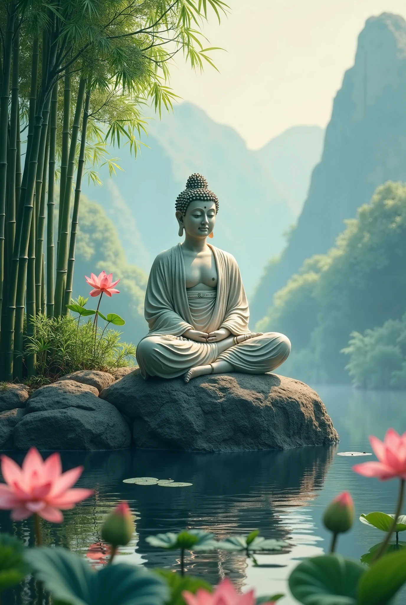 There is a statue of a person sitting on a rock in the water - SeaArt AI