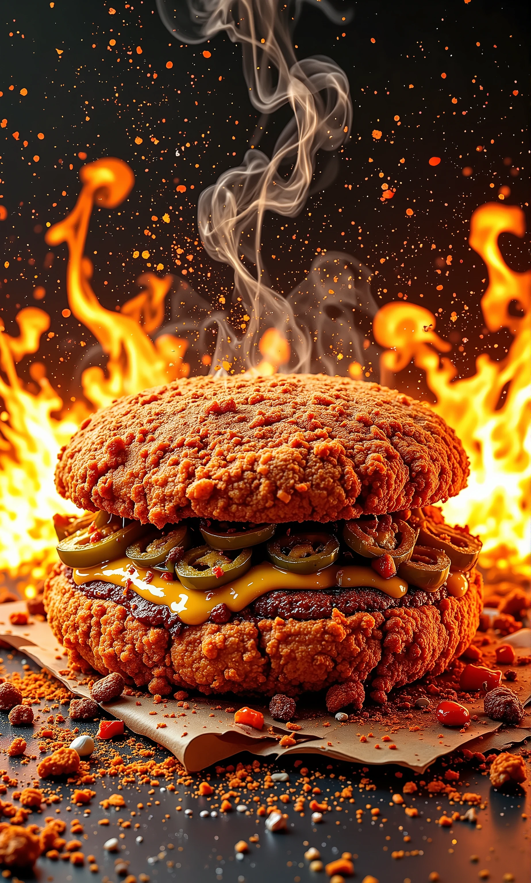 A high-quality commercial art photograph of an ultra-spicy creation featuring two crispy fried chicken fillets as the base, coated in a glowing red blend of cayenne, ghost pepper, and paprika for maximum spice. The chicken’s deep red, almost fiery crust is covered in chili flakes and spice dust, with steam rising from its crunchy, heat-packed surface. Between the fillets, melted pepper jack cheese, crispy jalapeños, spicy mayo, roasted red peppers, and sizzling hot sauce enhance the extreme spice. The background is bold and vibrant, with fiery lighting and intense red and orange hues amplifying the heat and indulgence, making it perfect for a food photography-style advertisement.