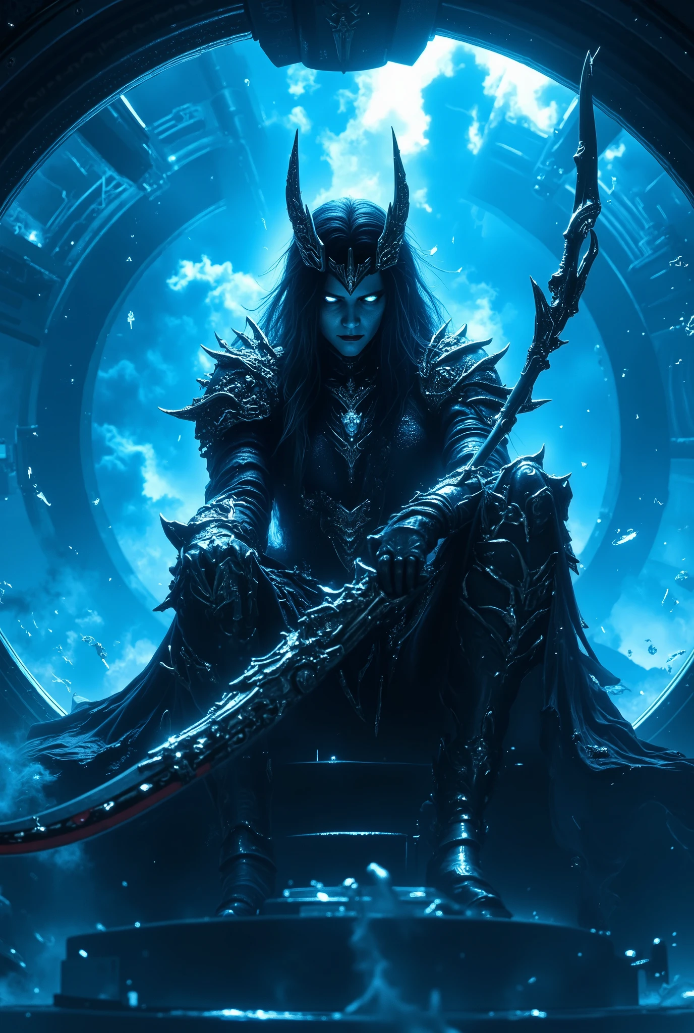 1girl, Solo,((Prosthetic hand)), Sitting on Spacecraft, (blue light), dragon claw gloves,((low view)),Katana cyber Sword,