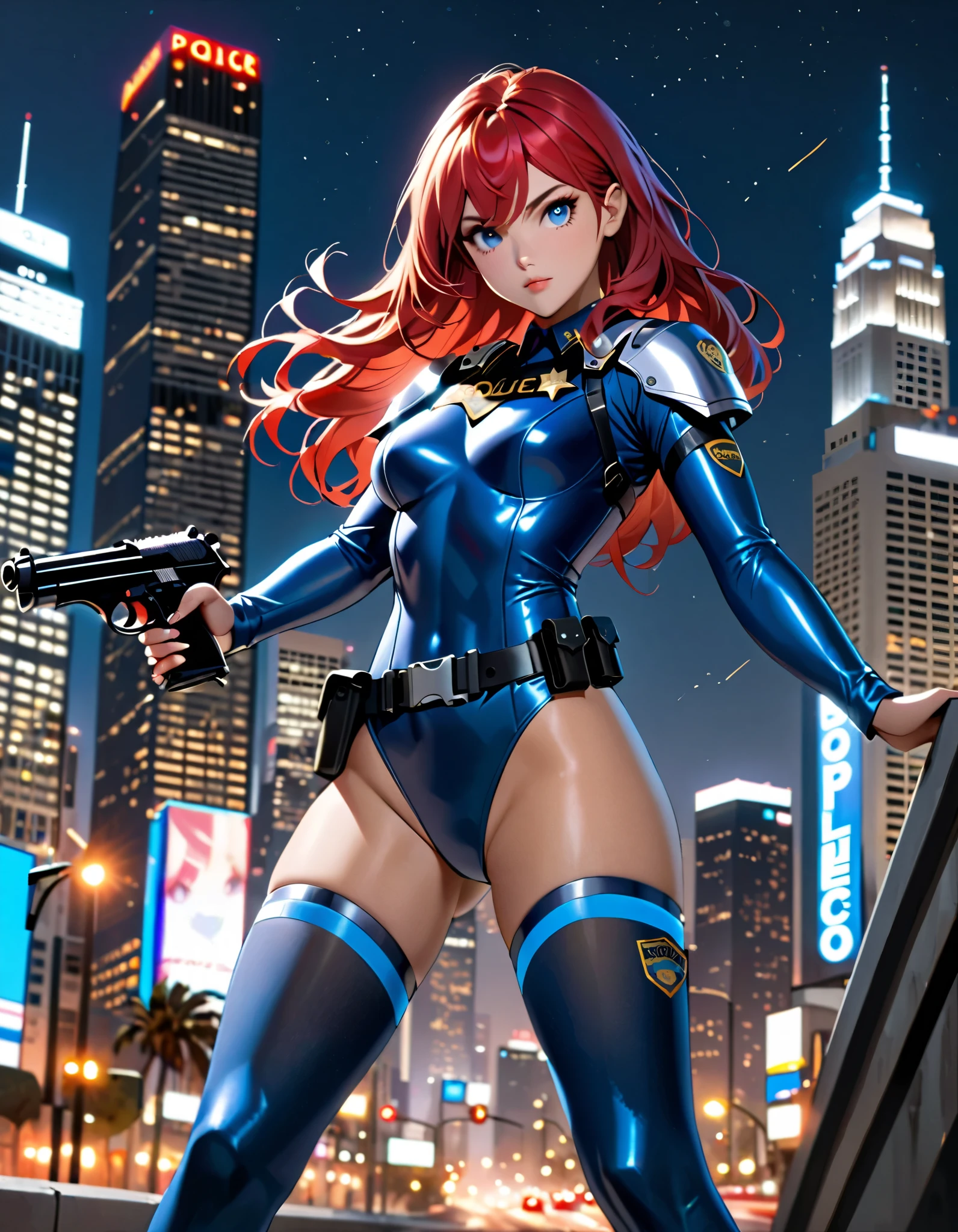 best quality, masterpiece, highres, solo, solo focus, 1lady, semi-realistic, dynamic standing pose, standing straight, red hair, hazel eyes, beautiful detailed eyes, beautiful detailed face, perfect hands, sexy Los Angeles police officer, ((blue leotard with neon red accents, police (badge) on the chest, sleeveless)), (matching gloves, fingerless gloves), bare legs, matching boots, tight boots, ankle-high boots, full body shot, one hand on hip, medium hair, hair down. city backdrop, neon edge lighting, highly detailed, professional. nighttime. (power, aura, purple aura).