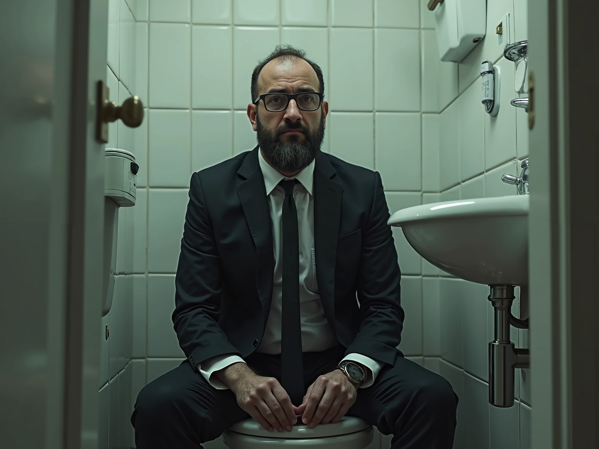 man sitting on the toilet and has pain, photoshot