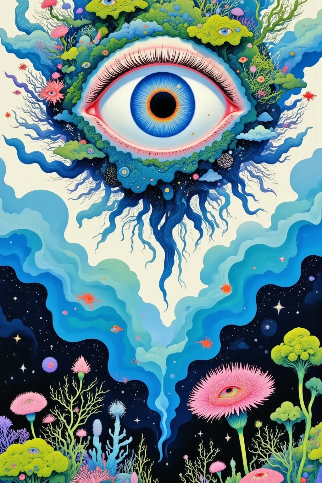 "Dick Ellescas Artist Style",house，plant，flower，Tentacles，Eye、Starry Sky，Stitching together an abstract painting，Describing the inner world of autistic people，Sense of space，White Space，interesting，Innocence，Psychedelic Art，Orange theme