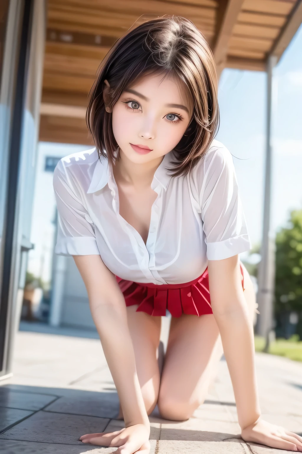 ultra highres,(reality: 1.4),highest quality, masterpiece, high detail, 16K quality, beautiful, 1 beautiful girl,japanese,super beautiful face,baby face,japanese idol face,super cute face,super detailed face,detailed hand,beautiful skin,glossy skin,wet skin,big eyes,smile,cinematic lighting,short hair,brown hair,brown beautiful eyes, white shirt,open shirt,bare nipples,medium breasts,checked skirt,skirt lift,sitting with knee up,spread legs,arms behind back,(((show off pussy))),(detiled pussy),necklace,high socks,under hair,nsfw,she is looking at the camera,class room,