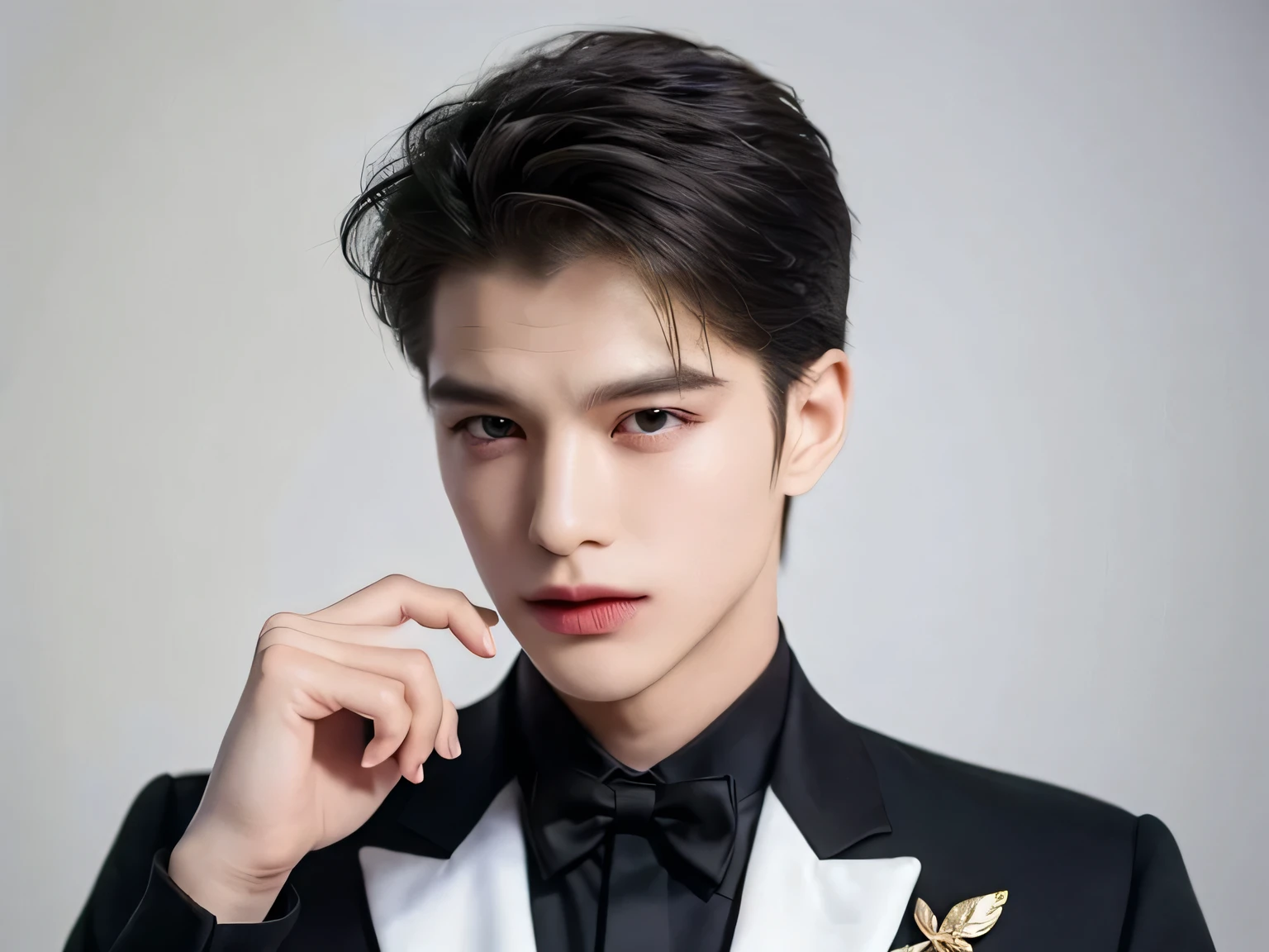 ((highest quality, 8k, masterpiece: 1.3)),**-****-***、 Delinquent Boy , Half body shot, well-groomed face, black hair color, sharp face、(white skin:1.5)、whole body、(Look straight ahead, Super handsome, Sharp eyes, Extra-fine face, handsome nose, small eyes and face, short hair, , High resolution, detailed mouth perfect body shape, Super slim, medium hair, One Man, Masterpiece, smartphones, boy , handsome man, Silver Tuxedo Dress, Attach a red bow to the neck button, Simple Background, The right hand points to you, Conan Pointing Gesture, aggressive , upper body , black background , Cool personality , One person, Detailed image, clear, front view, The face is calm, .