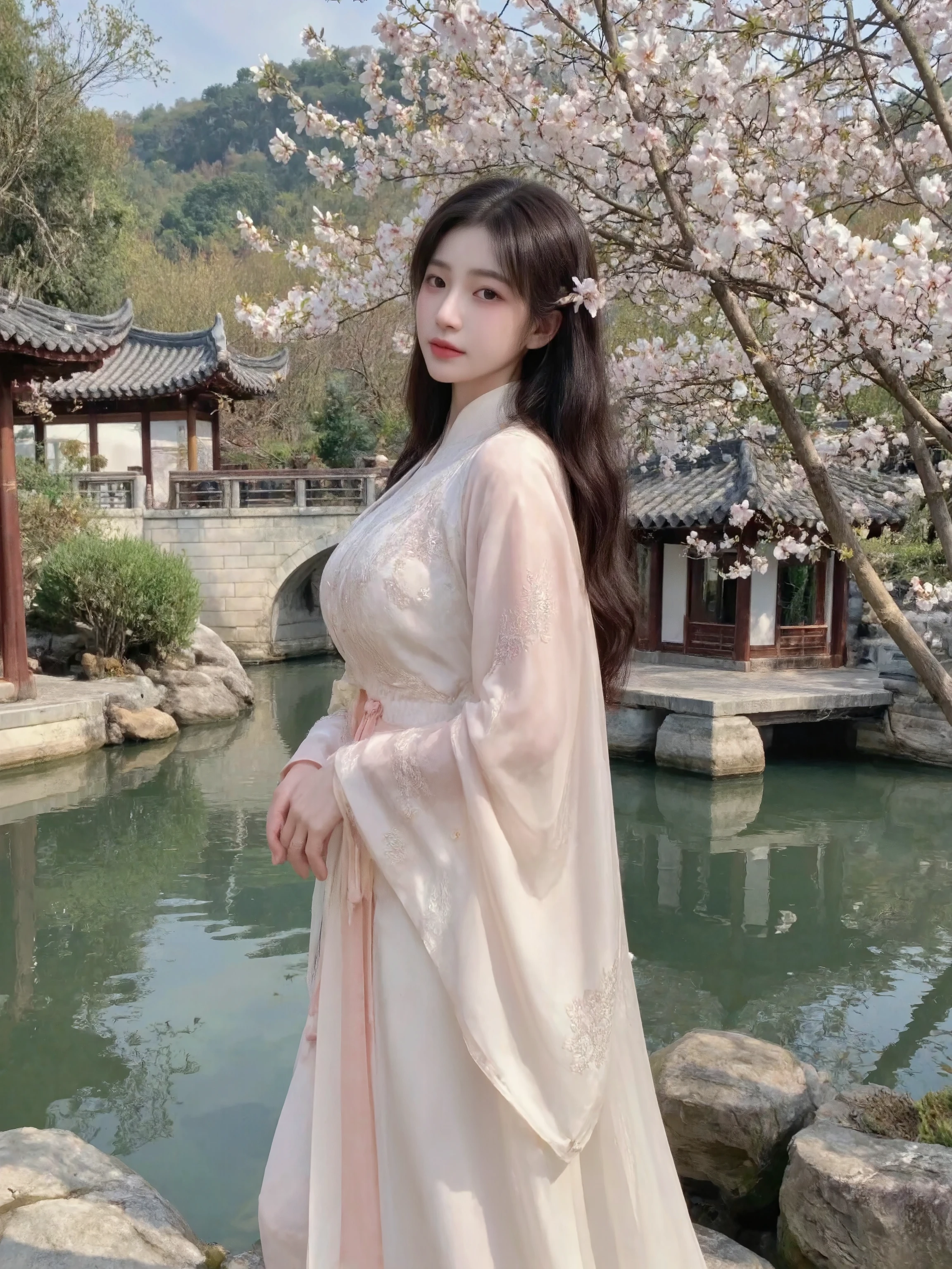 masterpiece, top quality combat bed, Super Fine :1.5, high resolution, sharp focus:1.5,Realism, cinematic lighting,超Realism, atmosphere under the stars, bright color ,Young girl, Ancient hideaway , pure ancient scene ,No modern elements , serene landscape , green mountains and water ,Clear river,Peach blossoms in full bloom,Traditional Hanfu, flowing robe ,Exquisite embroidery,Elegant sleeves , delicate pattern , long hair,Hairpin, peaceful expression ,Standing by the river, Surrounded by nature , ancient pavilions pavilions ,Stone Bridge,bamboo forest, Soft sunlight ,Morning mist, Detailed cloth texture, Detailed hair texture ,Balanced Composition , full body photo, traditional Chinese art style, flowing robe , poetic atmosphere , Ancient filter , no sense of architectural incongruity , ink painting landscape background , splash ink style Yuanshan , classical cornices pavilions ,Bluestone road,weeping willow,Lotus Pond ,Peach Blossom Forest