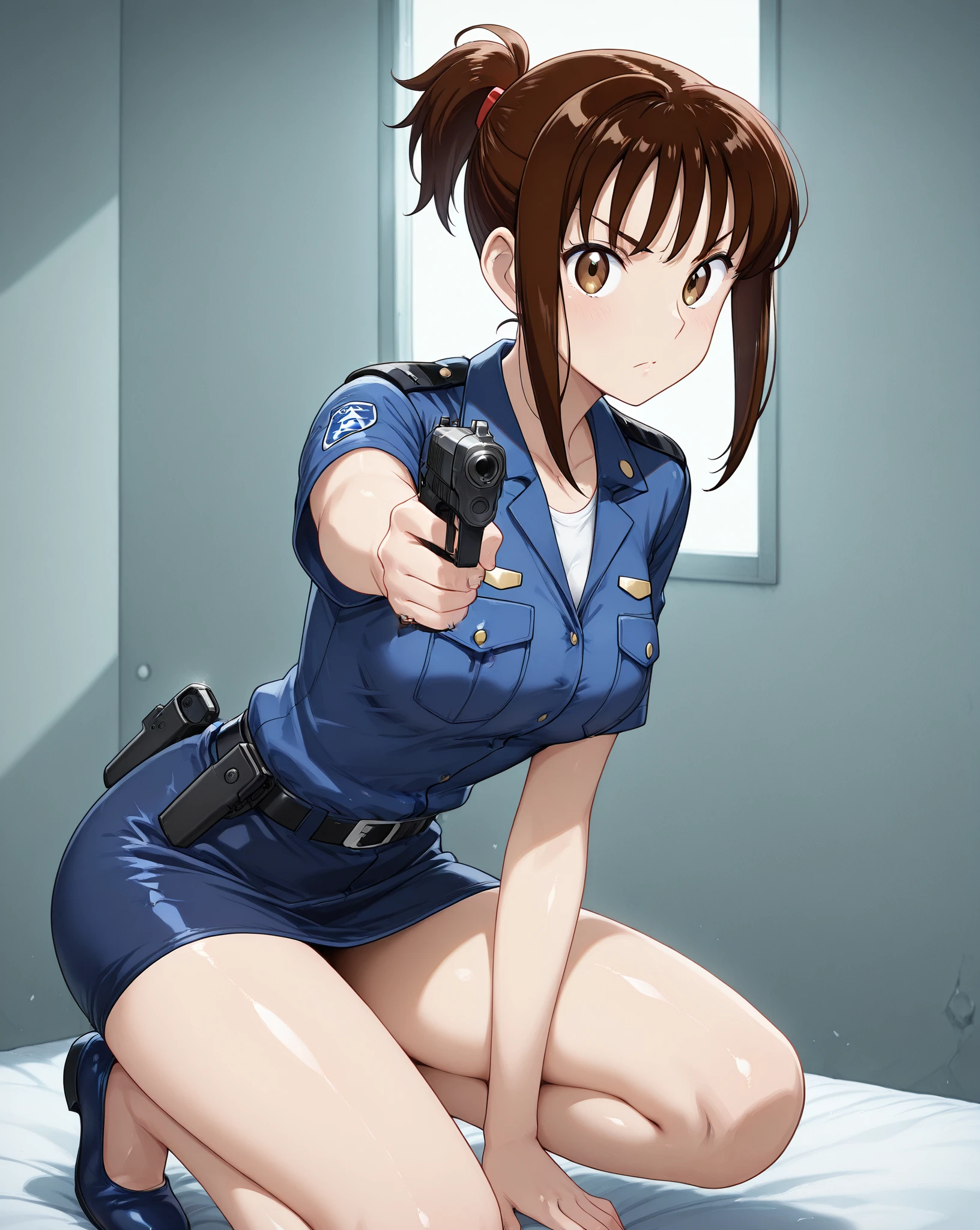 score_9, score_8_superior, score_7_superior, sauce_anime, One girl, alone, OnoderaKosaki, blush, full-face blush, Embarrassing,Naked Women,gun belt,watch,Standing in front of a wooden wall