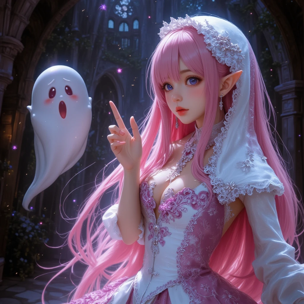 One girl, Long Hair、White Hair、Silver Hair．ギザギザなteeth．
Princess Teresa，White skin, large breasts, Pointy Ears, Blushing, masterpiece, とてもLong Hair, Gray Hair, Hime cut, Sparkle Effect, Background blur, Princess in a white dress、Princess Teresaは幽霊でギザギザなteethを持つ舌の長い巨胸な姫です。poses shyly with tongue out、White wax skin、Pale background、Dark room bed tongue, teeth, Sticking out tongue, The mouth is blue、Pink eyes, saliva,Ecstatic expression、Attacked by tentacles