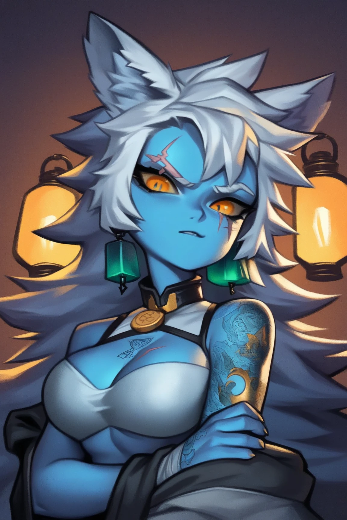<lora:Mineru_LoZ:0.8> mineru, 1girl, furry female, jewelry, white eyelashes, face tattoo, monster girl, dark_skin, dark fur, dark-skinned_female, long neck, detailed fur, anthro female, animal_ears, white_hair, solo, 3 eyes, eye in the middle of the forehead,