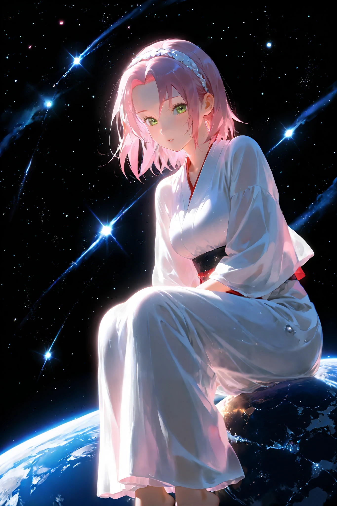 Sakura haruno,green eyes,pink hair, in space, space background, weeding dress,(beautifuls piernas)(beautiful)( From below)(Japanese clothing), sitting on a planet, beautiful eyes, planets around her, sky view, stars,