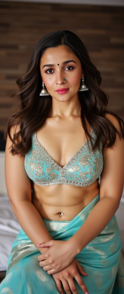create a hyper realistic vertical photo of Indian most attractive smiling woman in her 40s extra big chest, 36d cup size, light brown hair, trending on artstation, portrait, digital art, modern, sleek, highly detailed, formal, serious, blue saree,